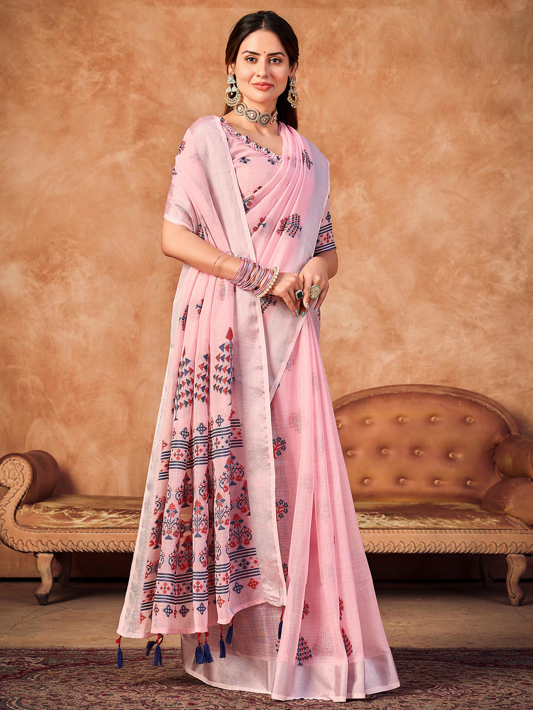 

KARAGIRI Woven Design Zari Linen Blend Saree, Pink