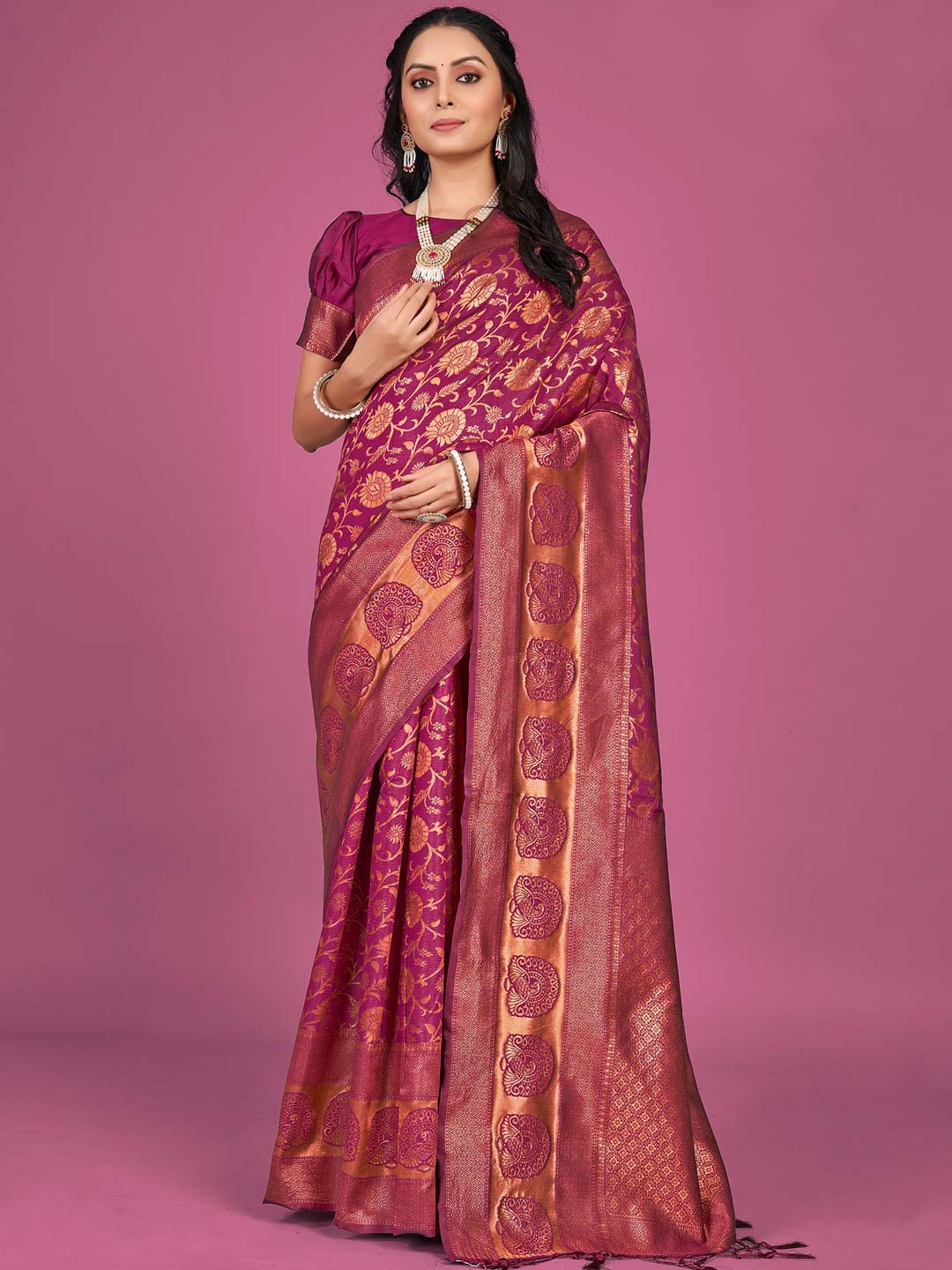

KARAGIRI Ethnic Motifs Woven Design Zari Banarasi Saree, Pink