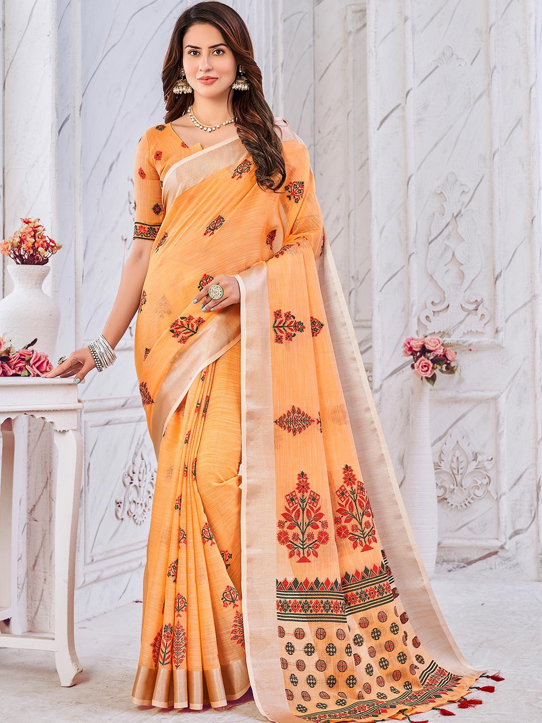 

KARAGIRI Ethnic Motifs Woven Design Zari Saree, Orange