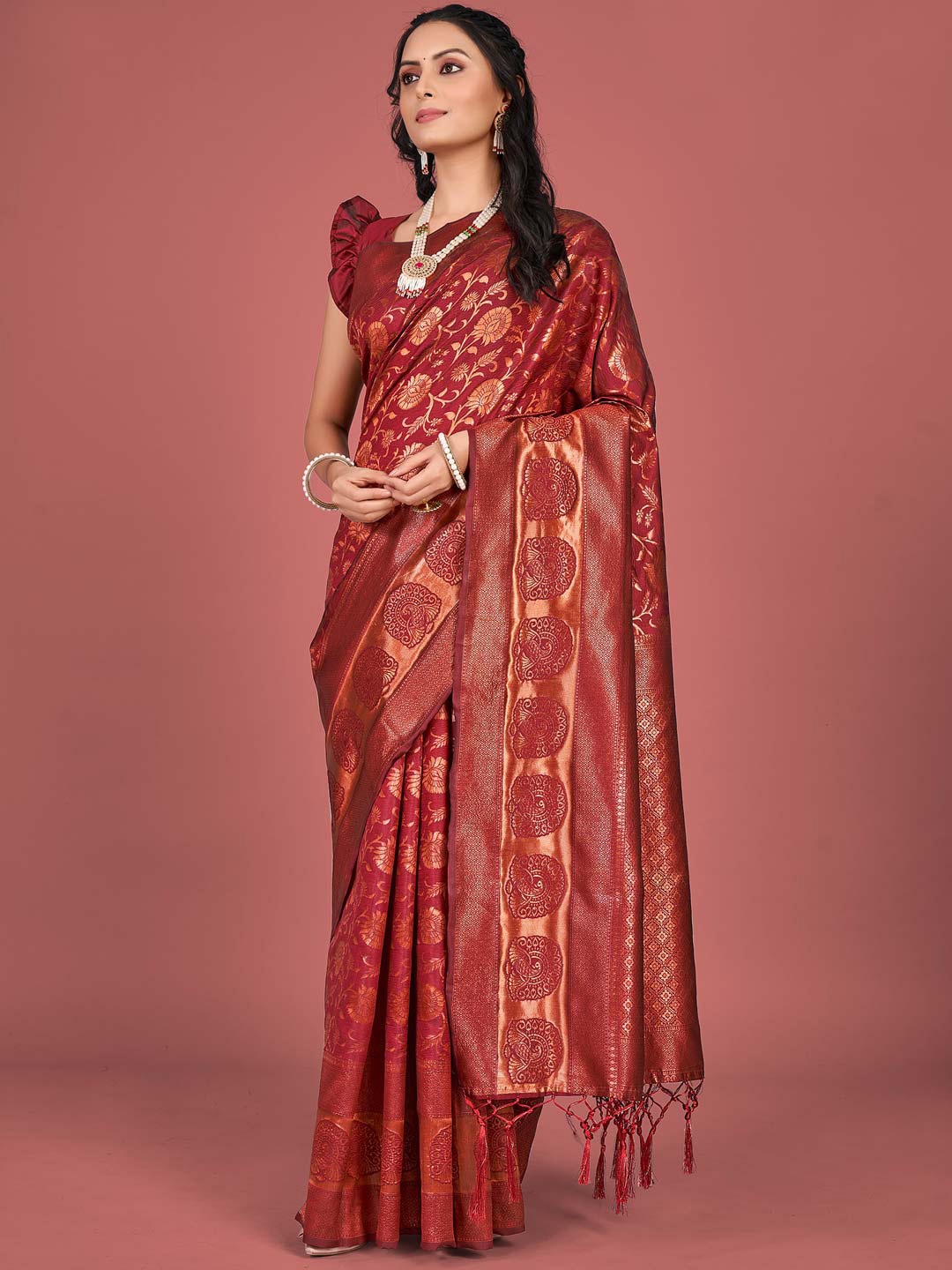 

KARAGIRI Ethnic Motifs Woven Design Zari Banarasi Saree, Red