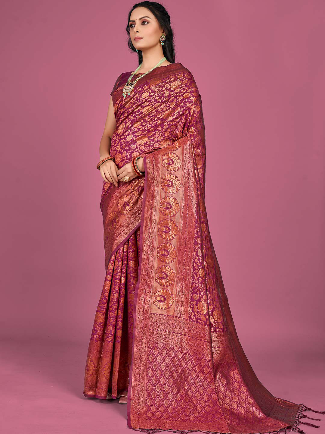 

KARAGIRI Ethnic Motifs Woven Design Zari Banarasi Saree, Pink