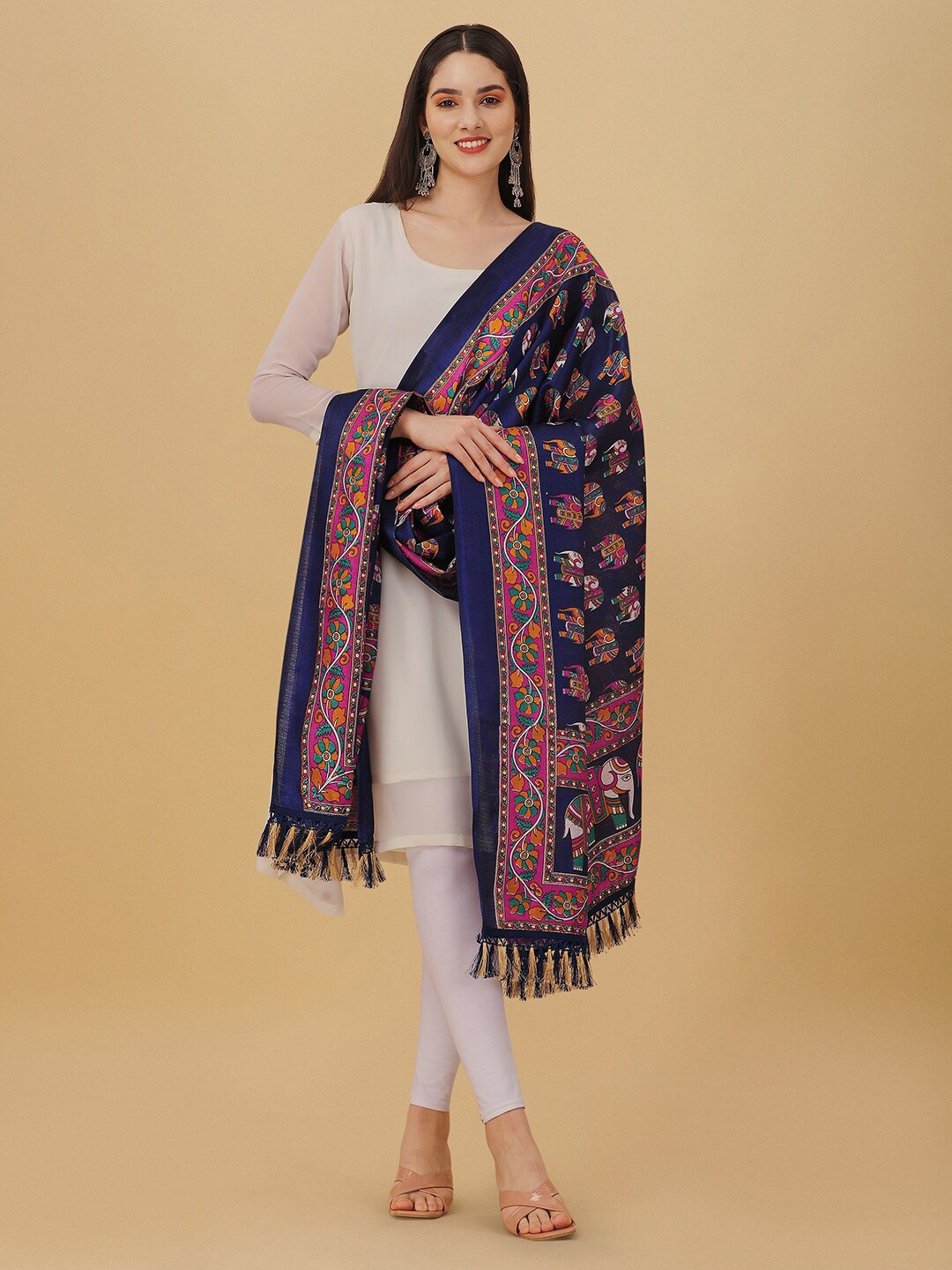

GORGONE Ethnic Motifs Printed Block Print Tasselled Border Dupatta, Navy blue