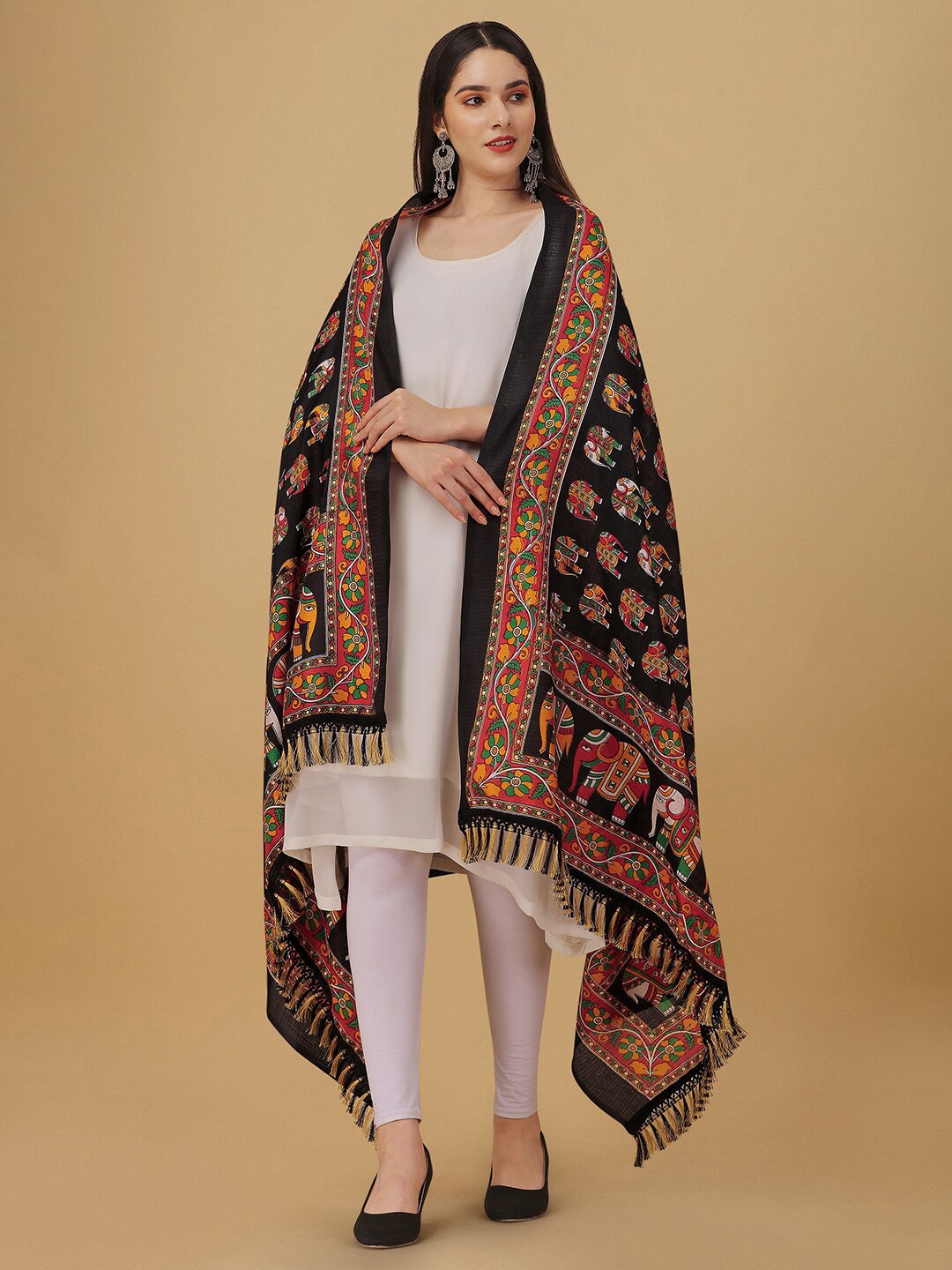 

GORGONE Ethnic Motifs Printed Block Print Tasselled Border Dupatta, Black