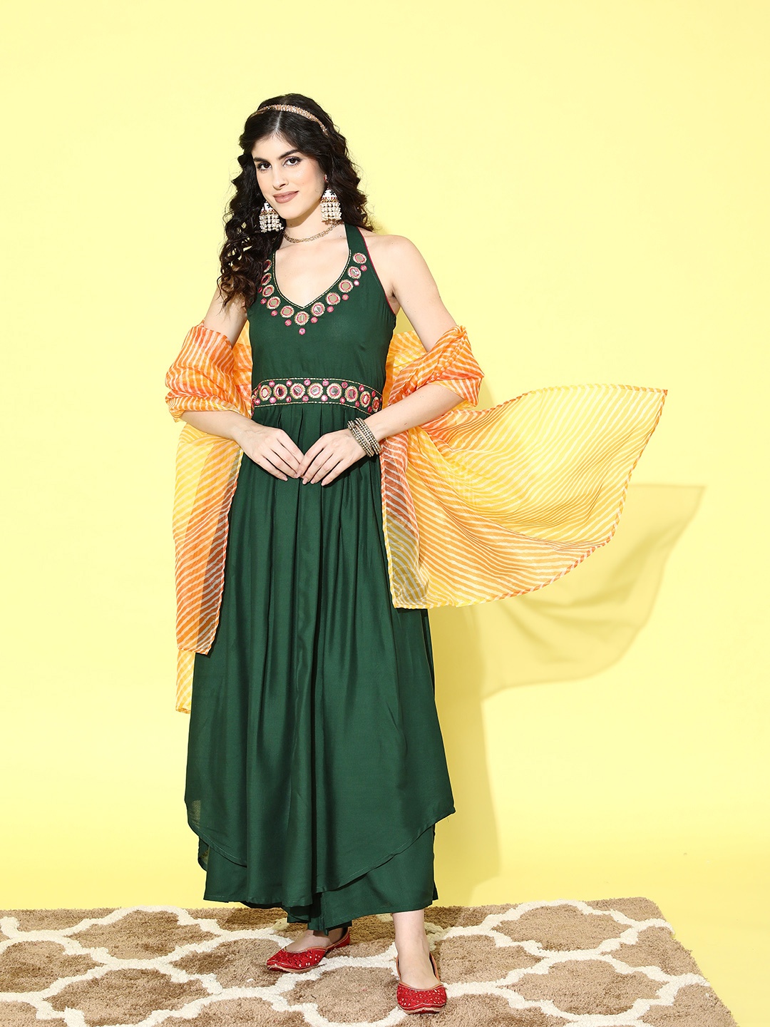 

InWeave Embroidered Regular Mirror Work Kurta With Palazzos & Dupatta, Green