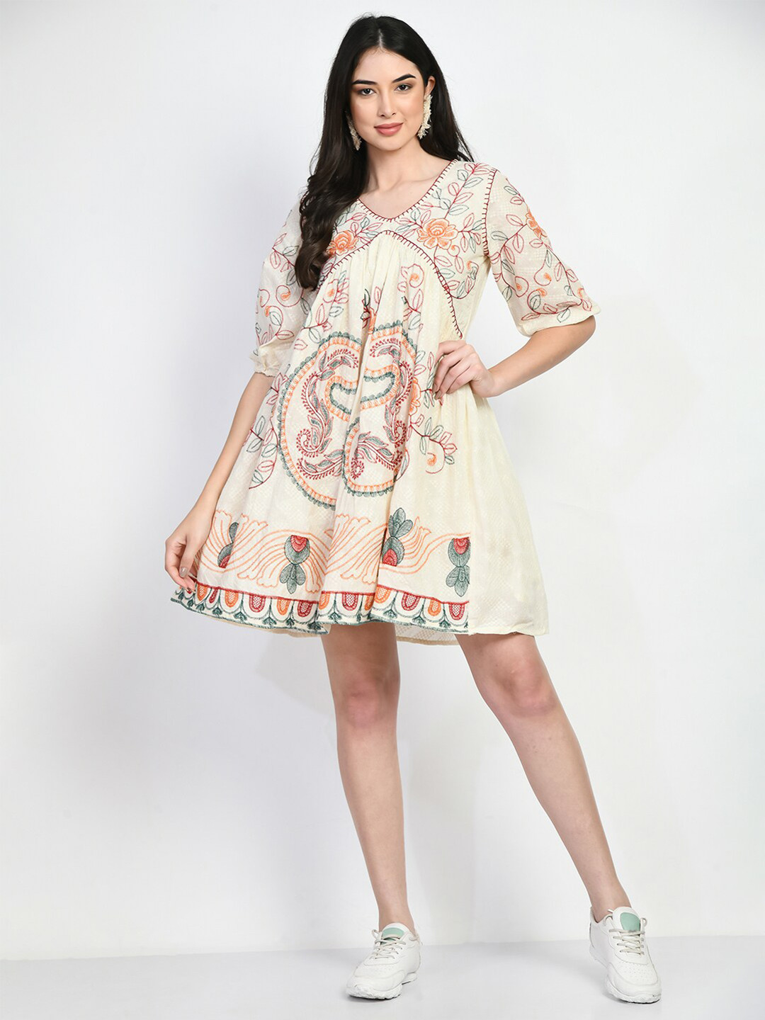 

TBOJ Floral Embroidered A-Line Dress, Cream
