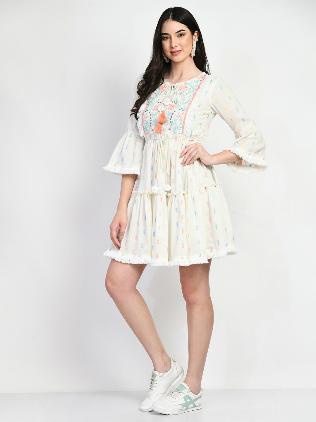 

TBOJ Ethnic Motifs Embroidered Tie-Up Neck Bell Sleeve Cotton Fit & Flare Dress, Cream