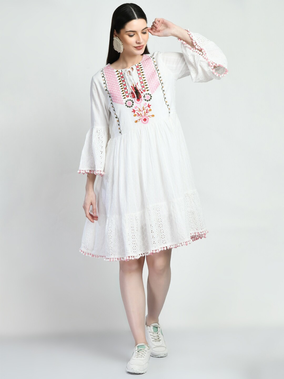 

TBOJ Ethnic Motifs Embroidered Tie-Up Neck Bell Sleeve A-Line Dress, White