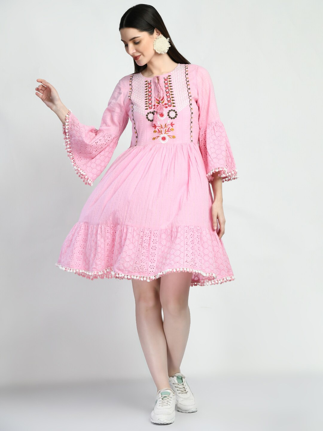 

TBOJ Floral Embroidered Bell Sleeve Fit & Flare Dress, Pink