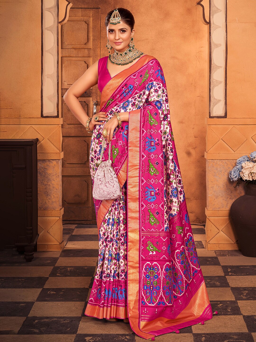 Anouk White & Pink Ethnic Motifs Printed Zari Patola Saree