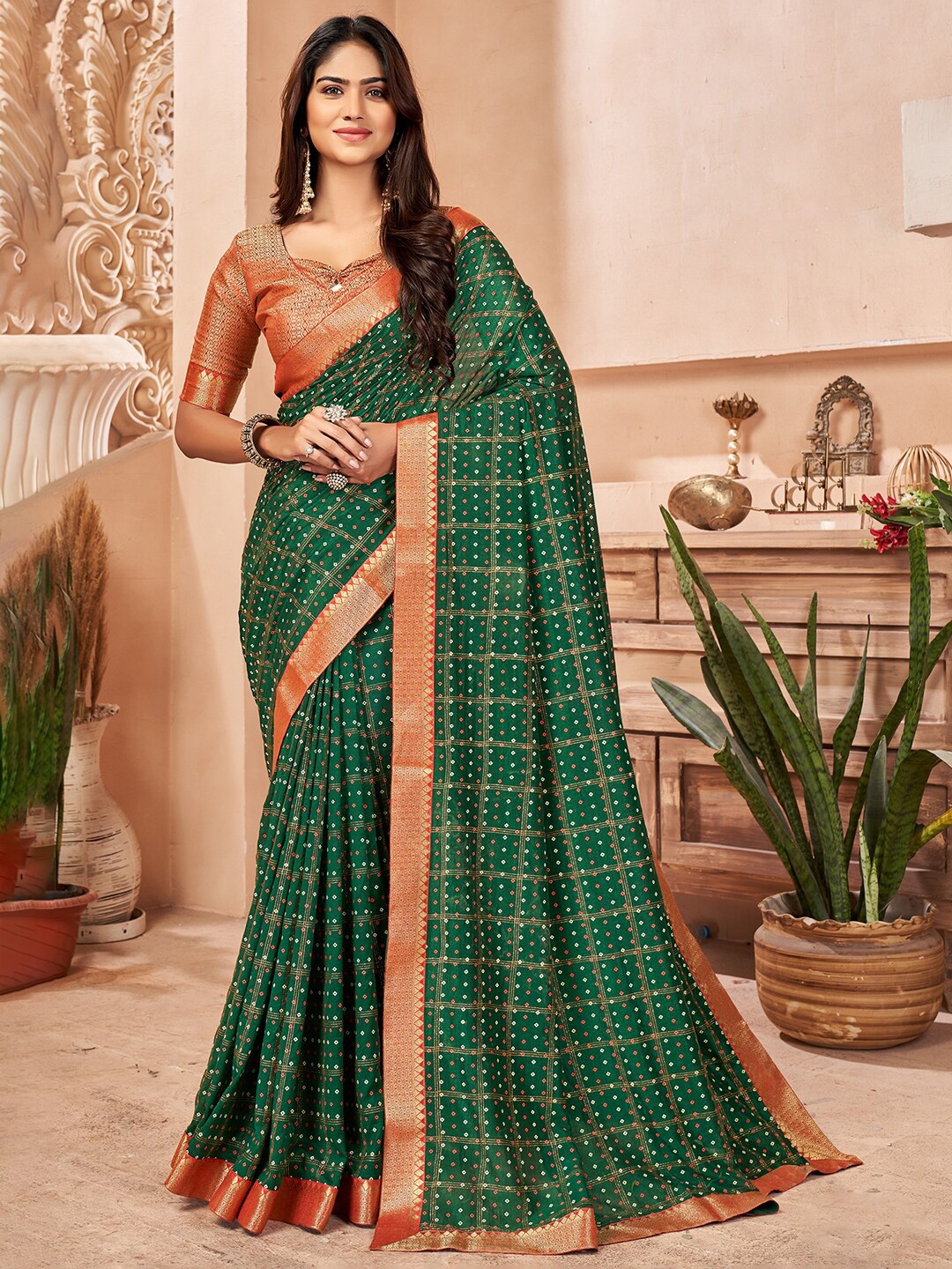 

Anouk Green & Red Bandhani Printed Zari Saree