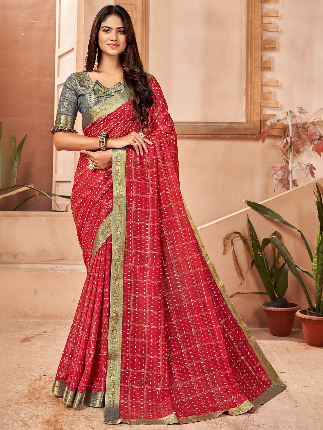 Anouk Pink & White Bandhani Printed Zari Saree