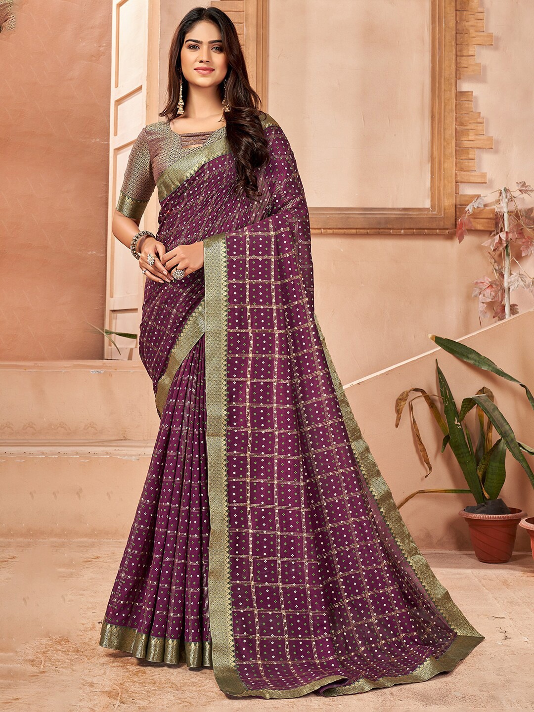 

Anouk Purple & White Bandhani Printed Zari Saree