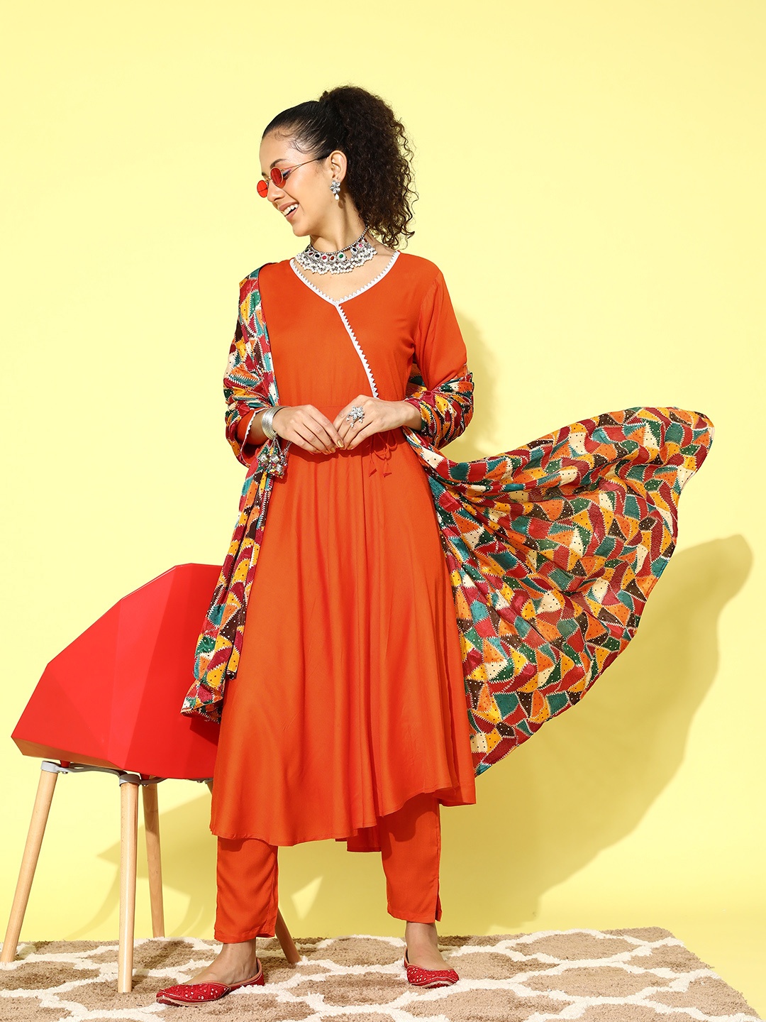 

InWeave Orange Angrakha Kurta With Trousers & Dupatta