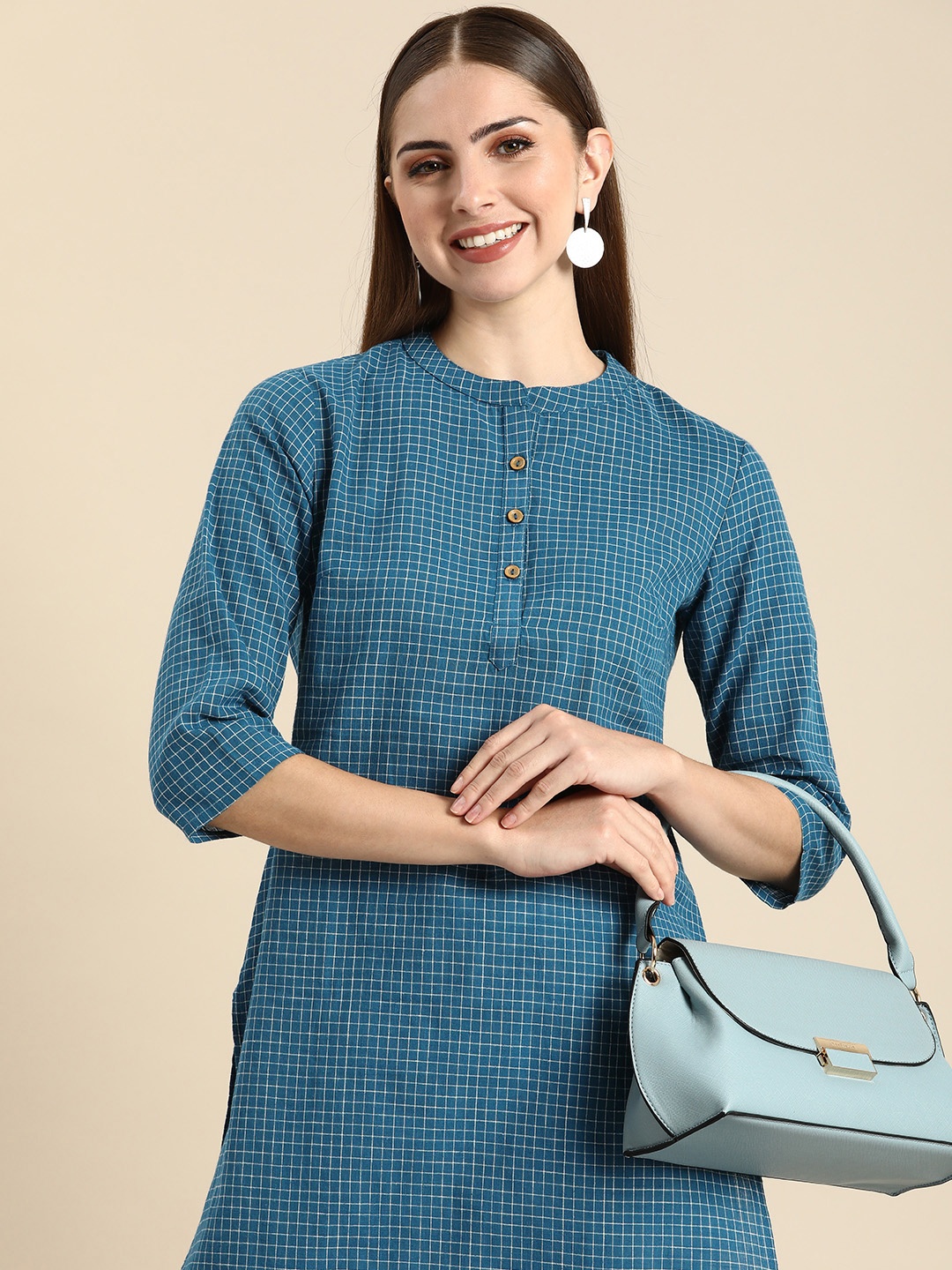 

Anouk Checked Mandarin Collar Kurta, Blue