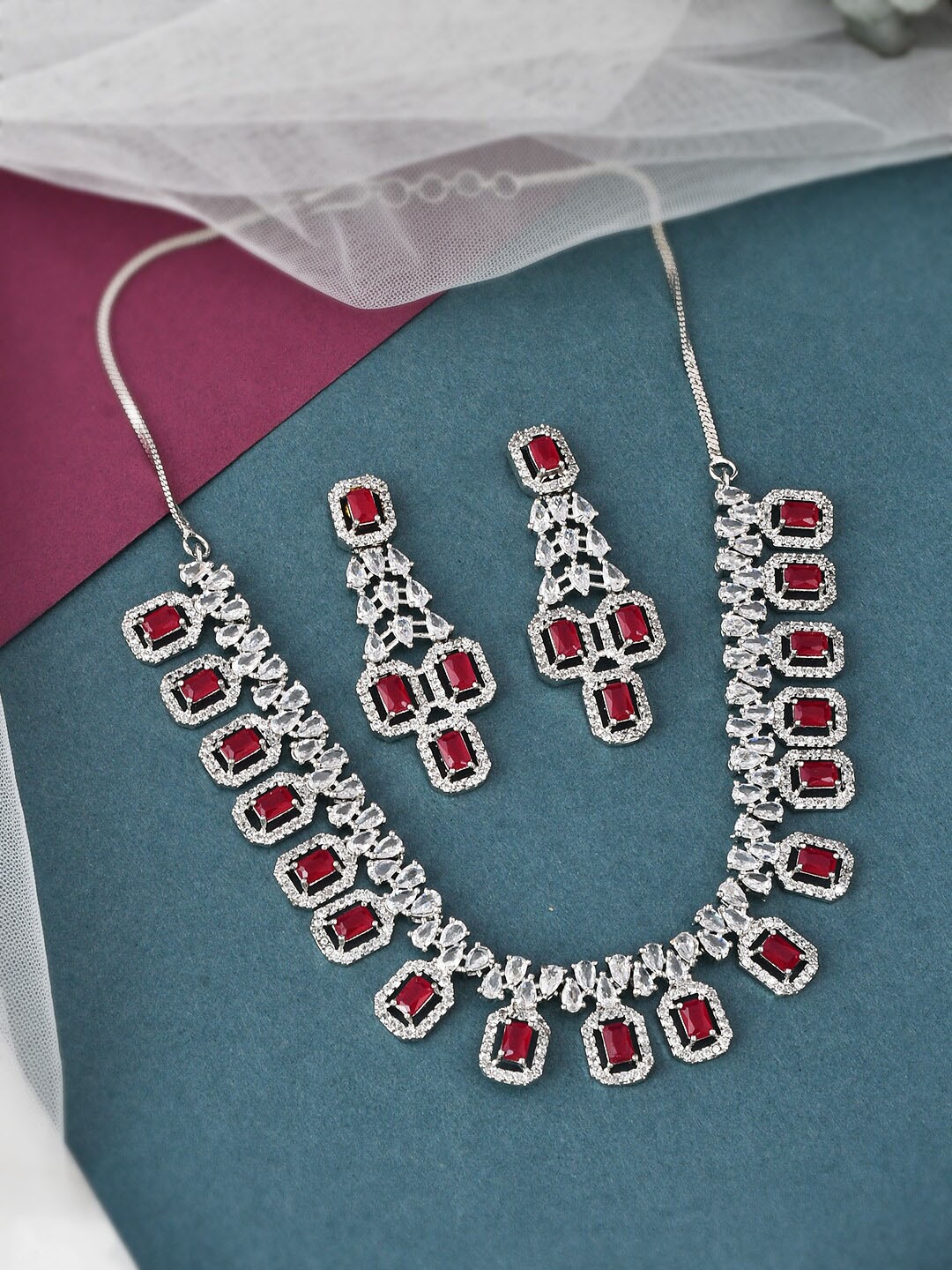 

Silvermerc Designs Silver-Plated AD-Studded Necklace & Earrings Set