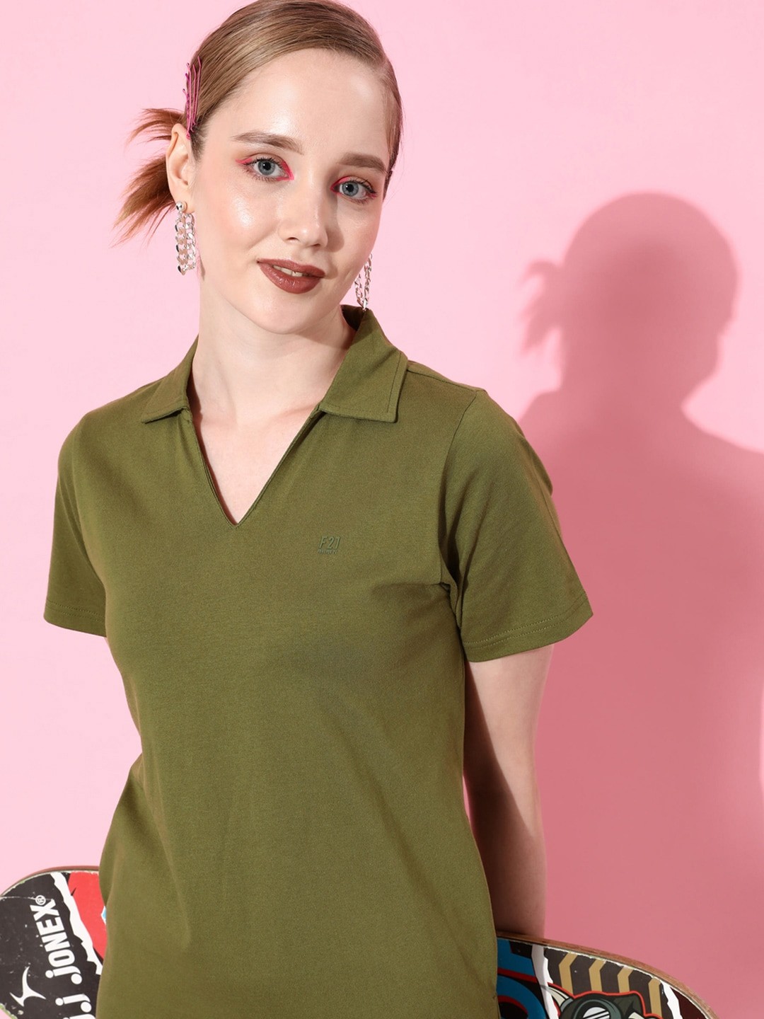 

FOREVER 21 Solid Applique Pure Cotton T-shirt Dress, Olive