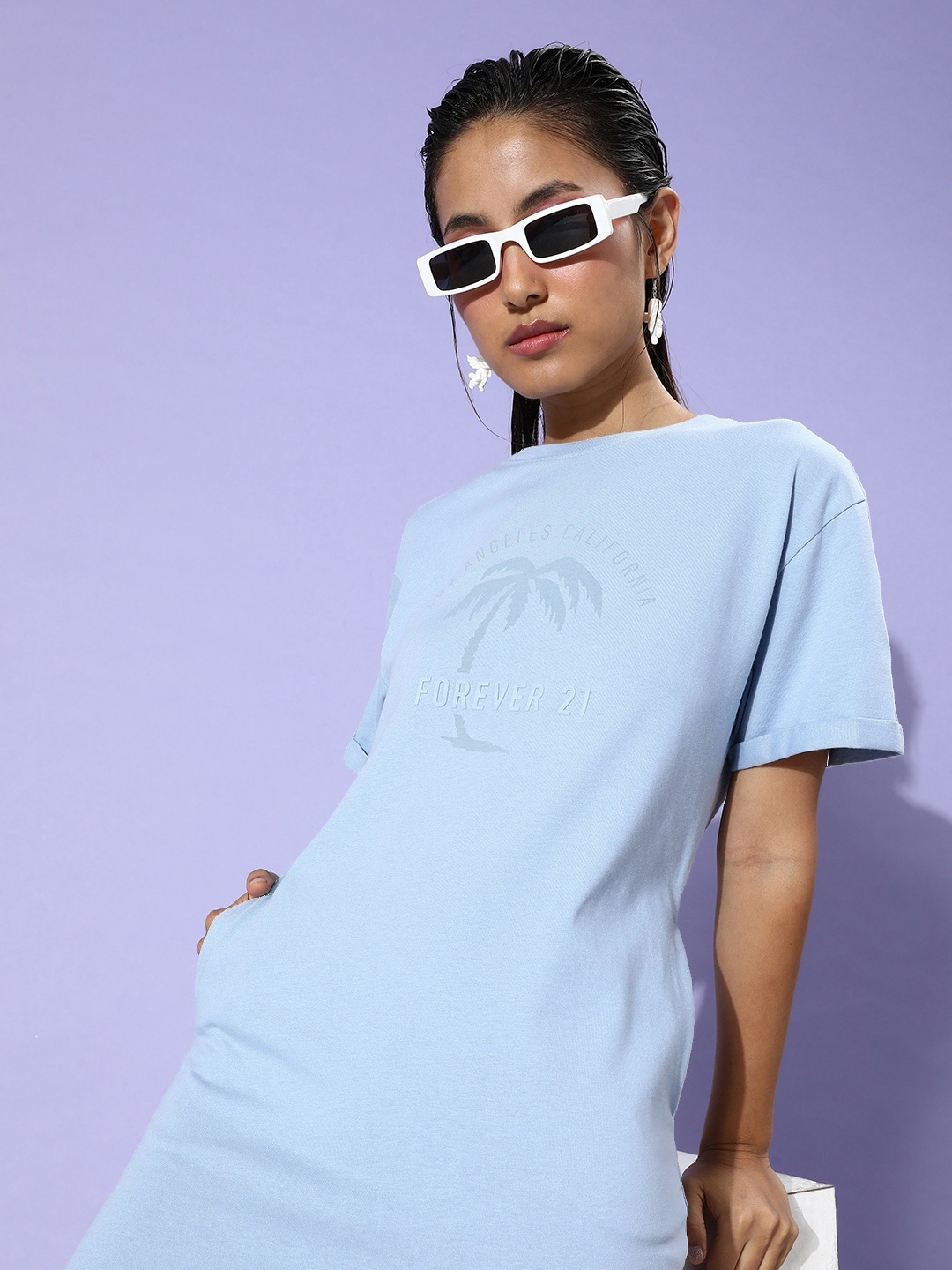 

FOREVER 21 Pure Cotton Brand Logo Printed T-shirt Dress, Blue