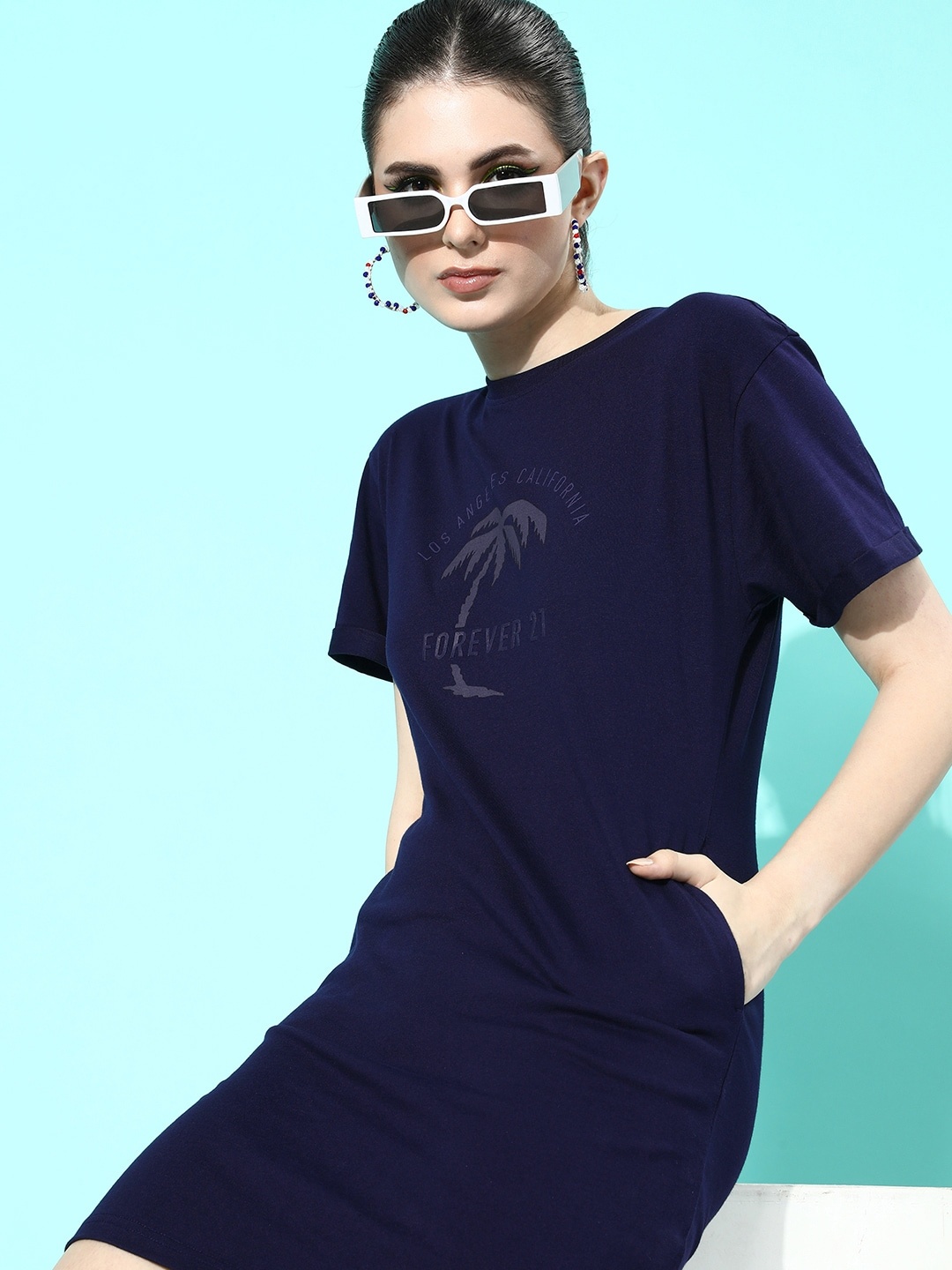 

FOREVER 21 Pure Cotton Tropical Printed Round Neck T-shirt Dress, Navy blue