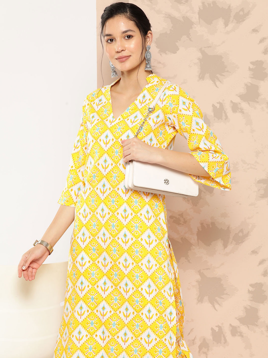 

mokshi Women Ethnic Motifs Printed Regular Pure Cotton Kurta with Trousers, Yellow