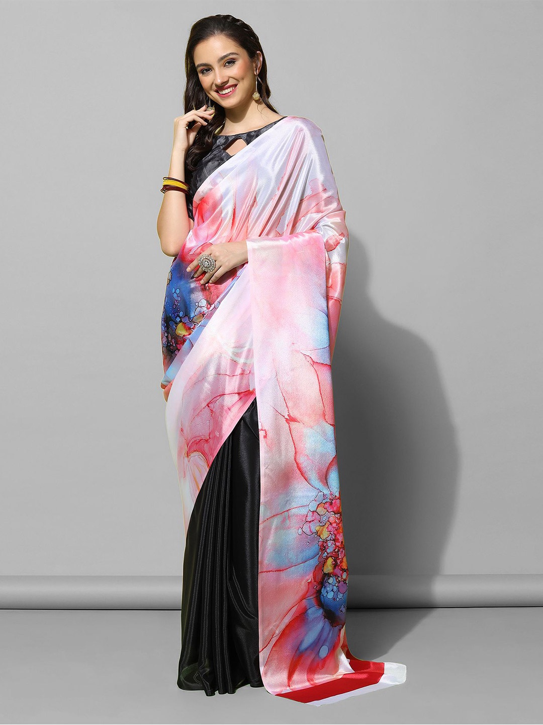 

Mitera White & Black Floral Printed Pure Chiffon Saree