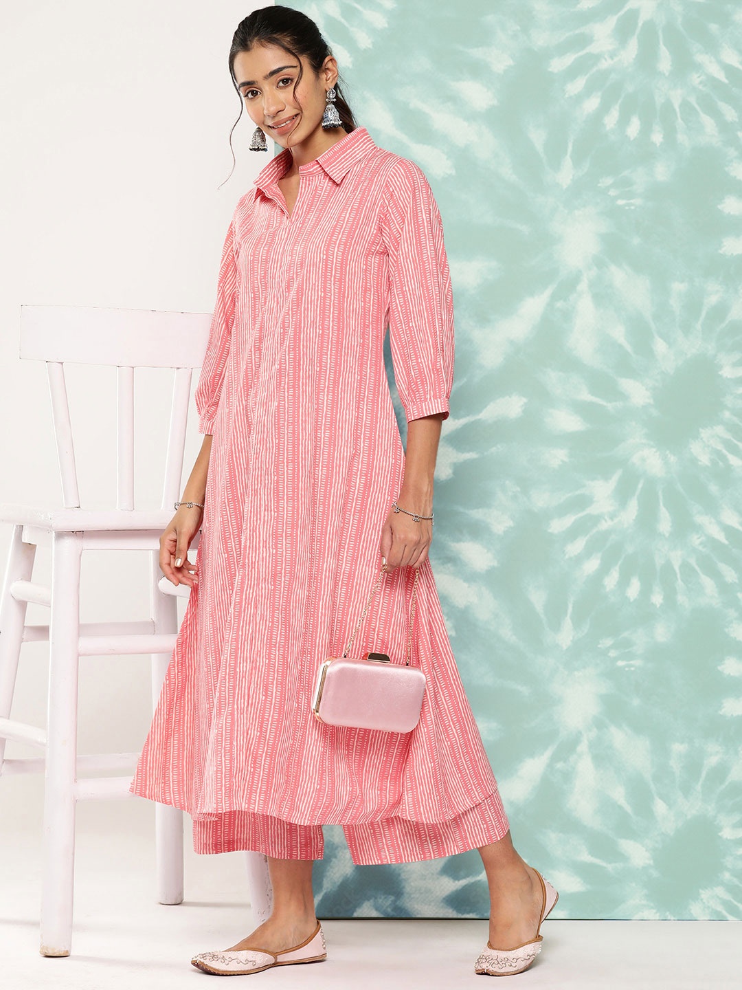 

mokshi Women Striped Regular Pure Cotton Kurta with Palazzos, Pink