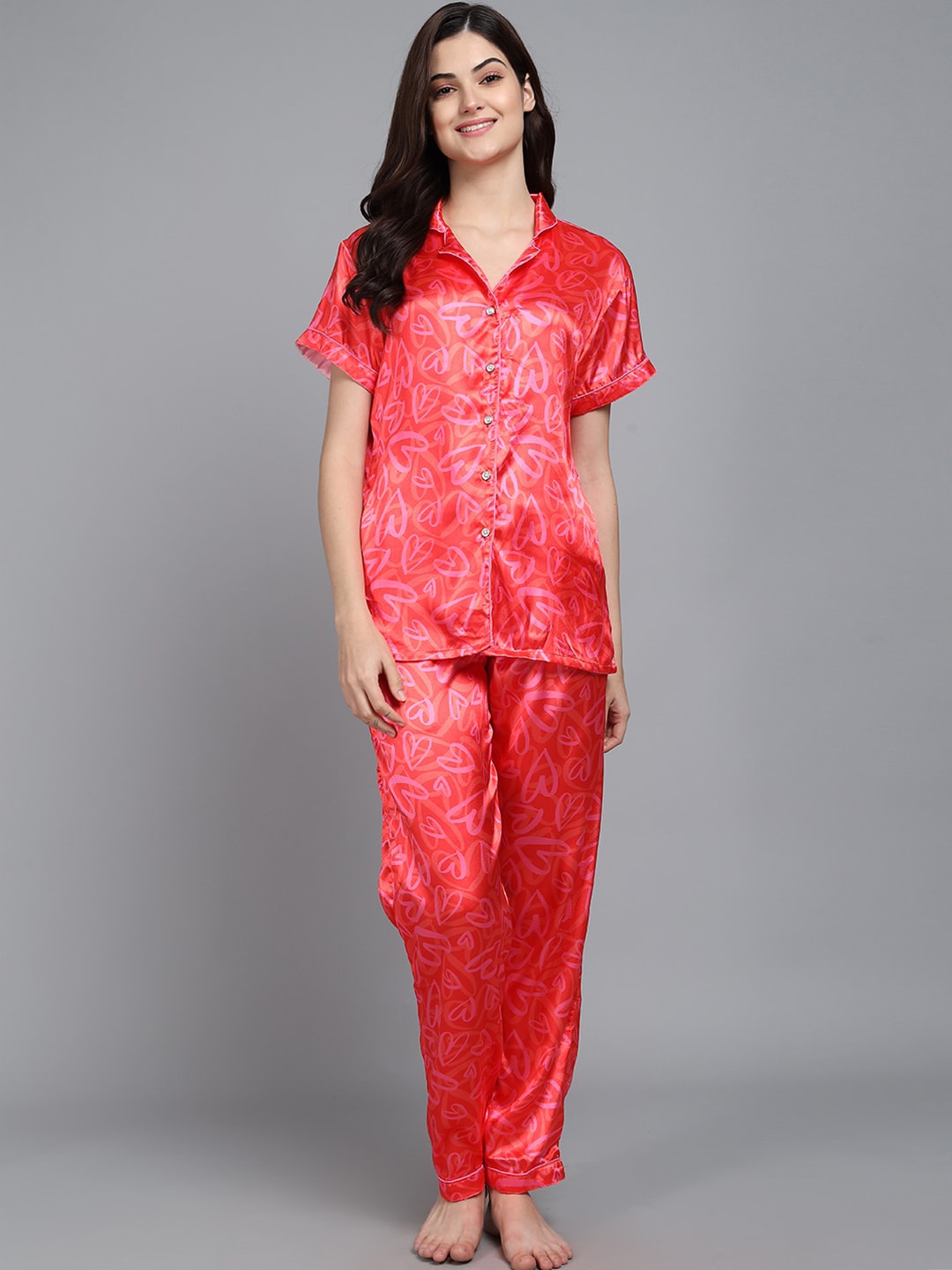 

SEPHANI Conversational Printed Satin Night Suit, Red