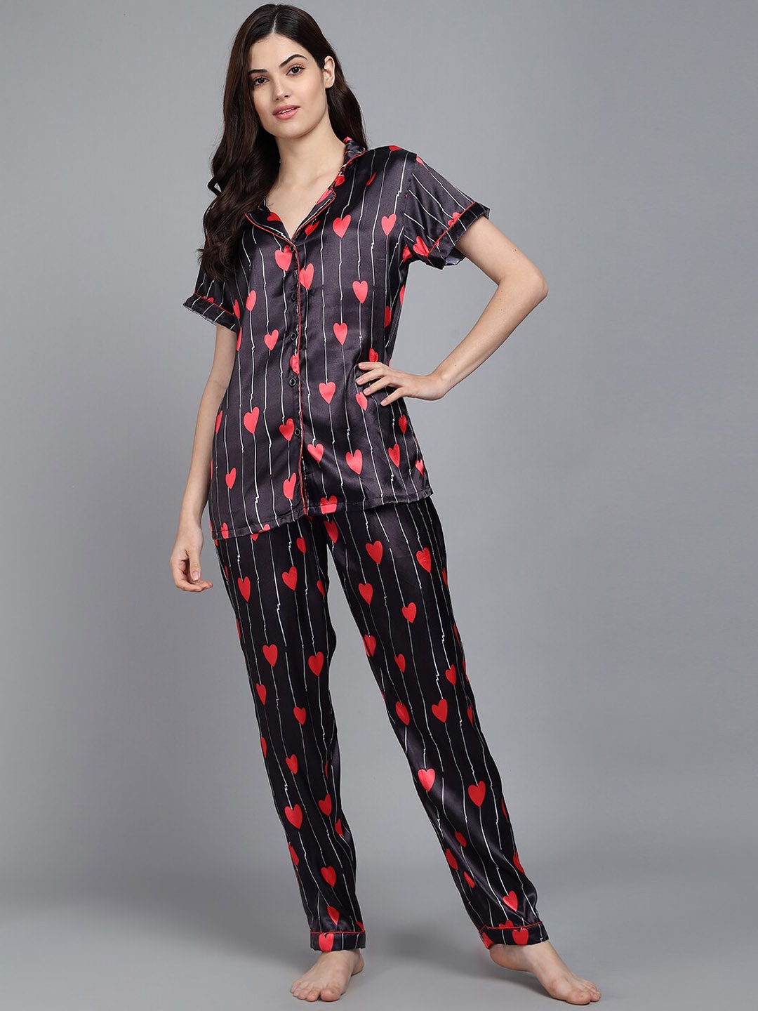 

SEPHANI Conversational Printed Satin Night Suit, Black