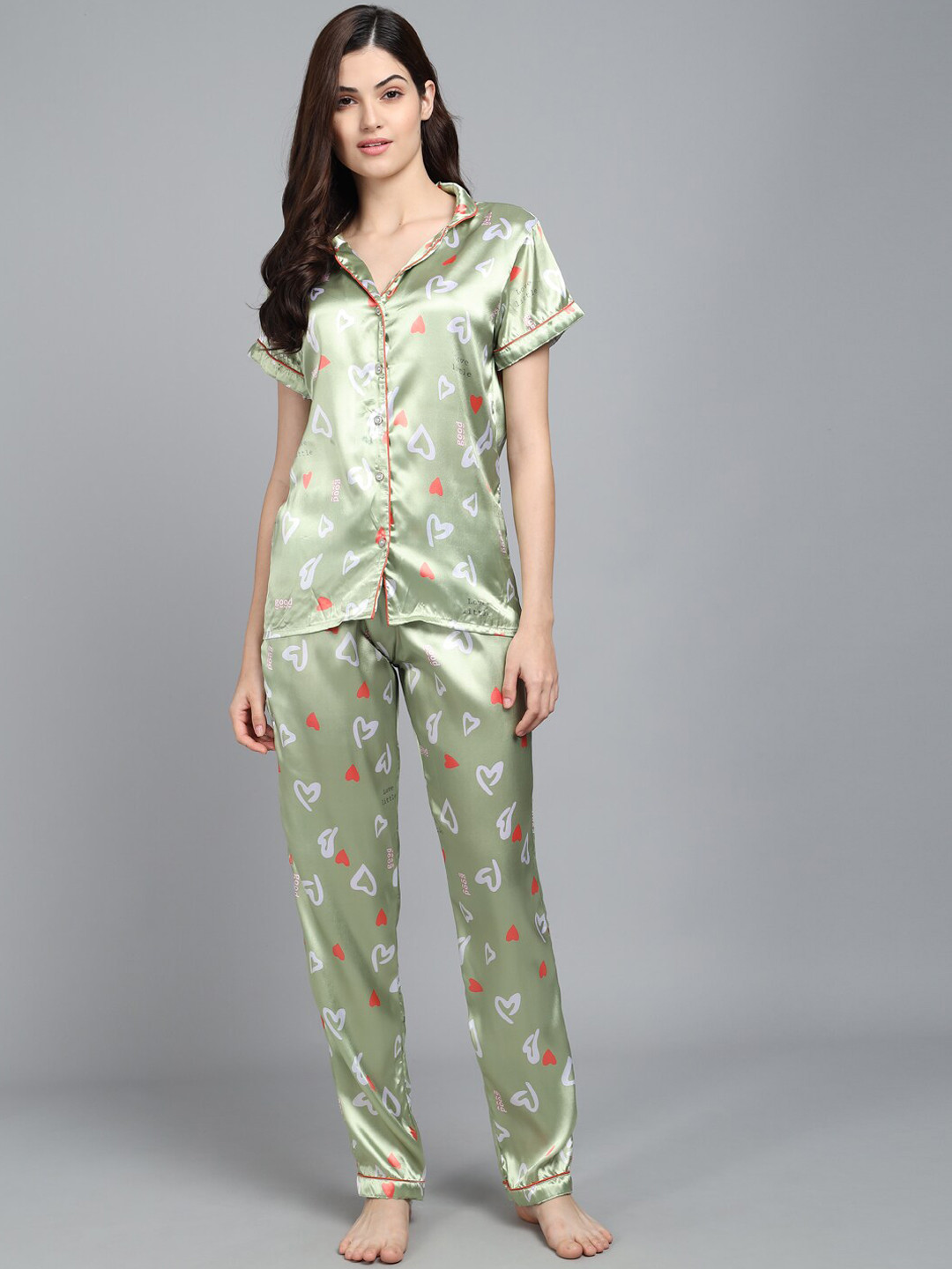 

SEPHANI Conversational Printed Satin Night Suit, Green
