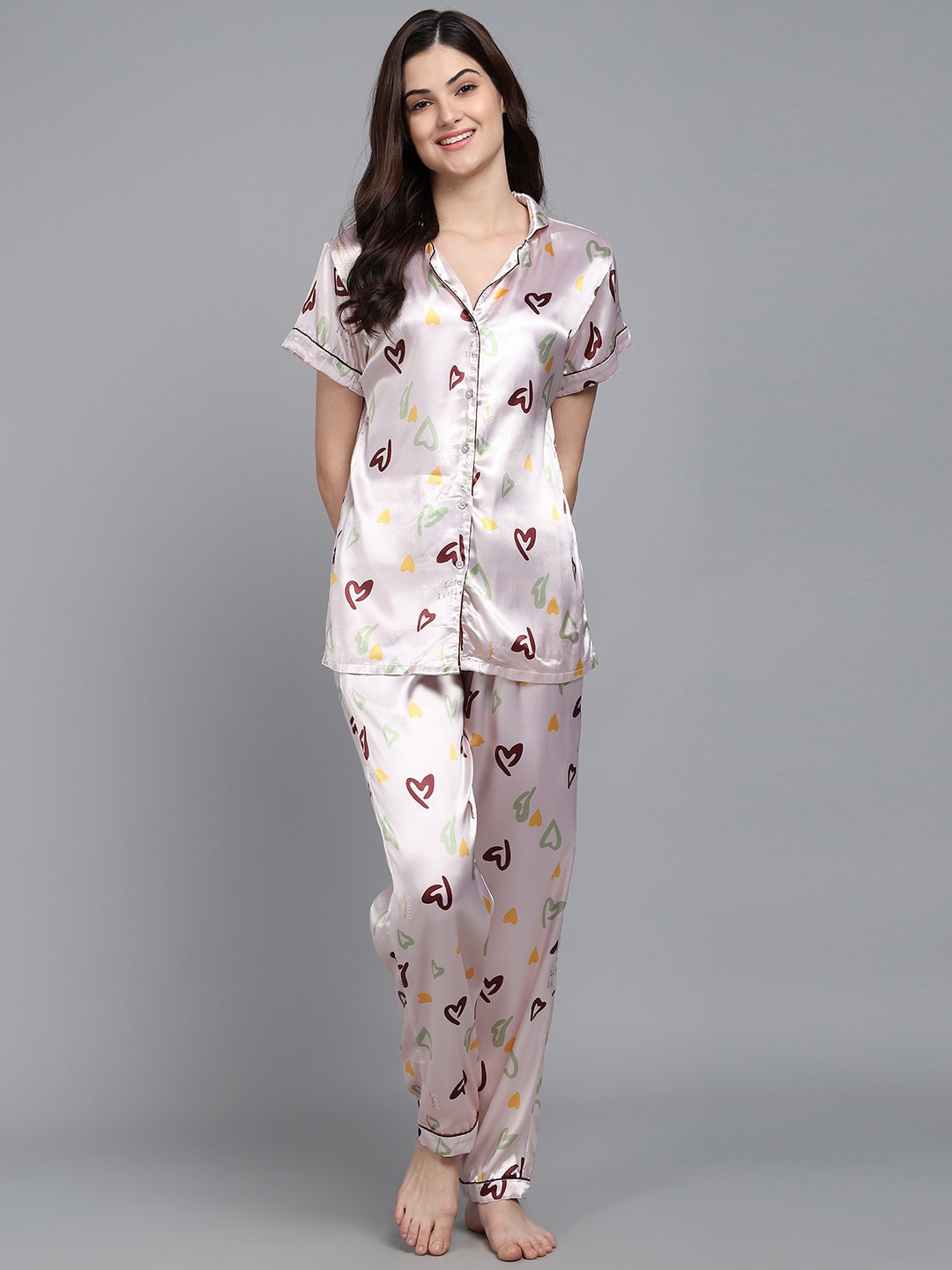 

SEPHANI Conversational Printed Satin Night Suit, Gold