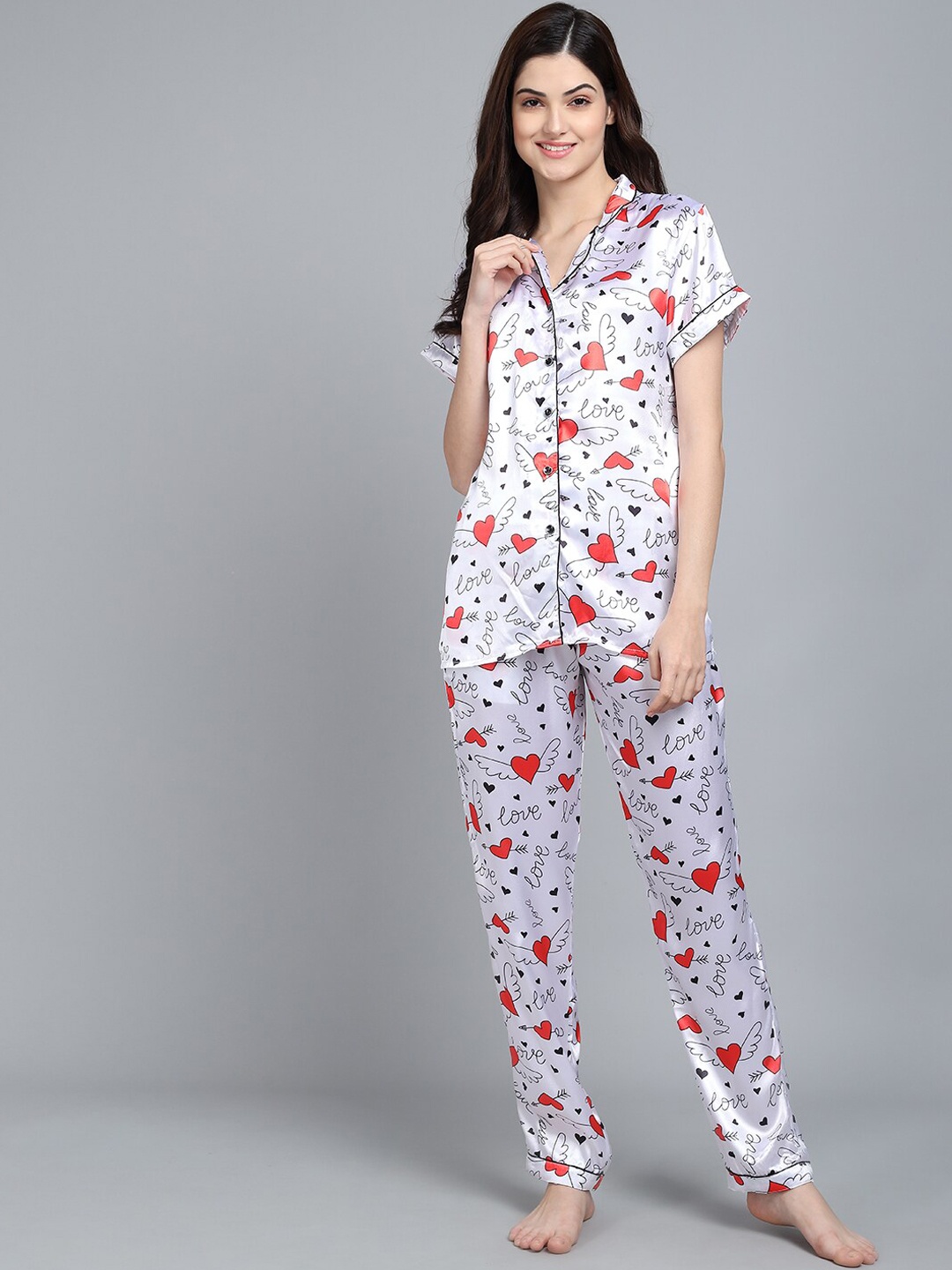 

SEPHANI Conversational Printed Satin Night Suit, White