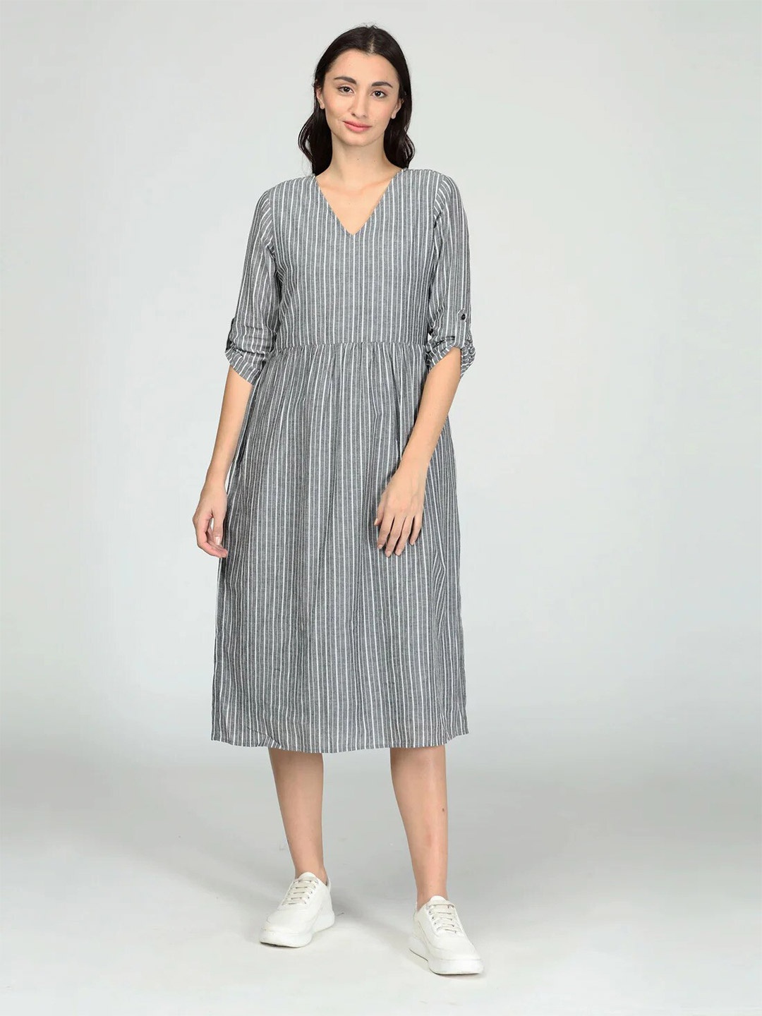 

IDK V-Neck Striped Fit and Flare Midi Dress, Grey