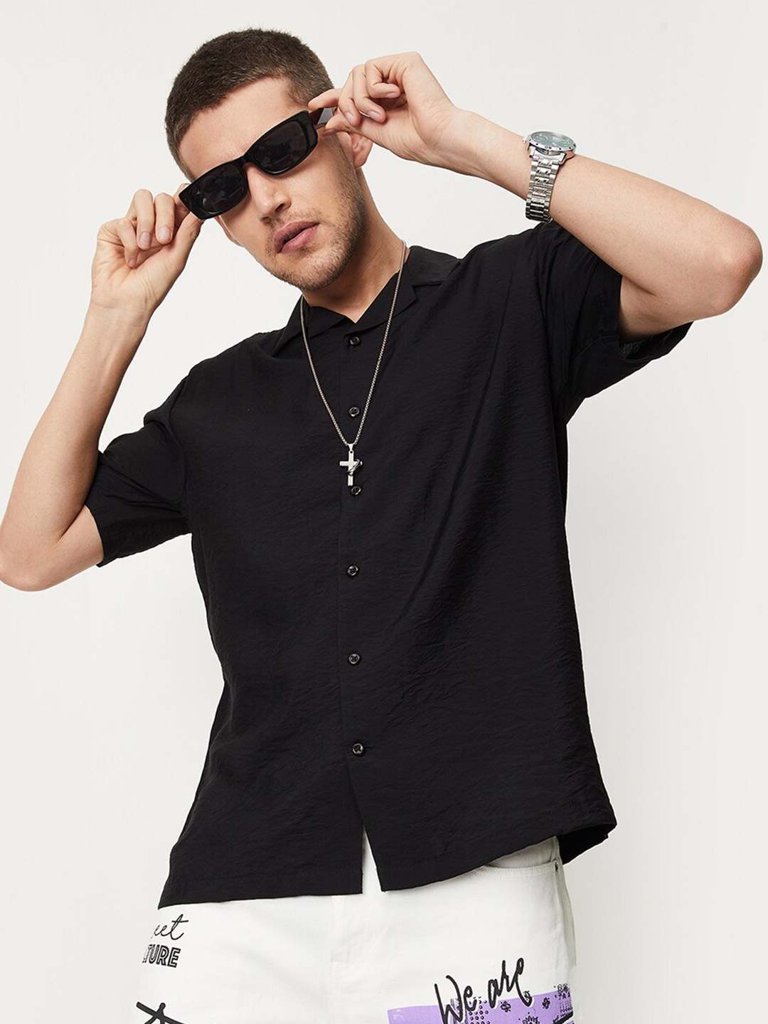 max Spread Collar Opaque Casual Shirt, Black