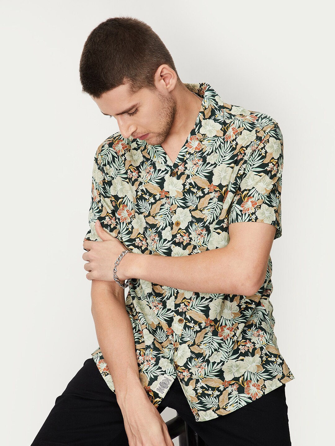 max Floral Printed Pure Cotton Casual Shirt, Green