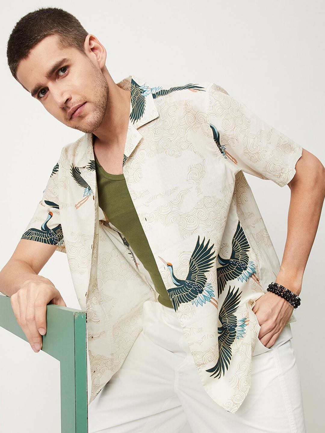 max Conversational Printed Pure Cotton Casual Shirt, Beige