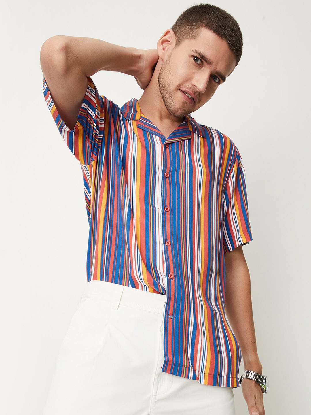 

max Blue & Orange Striped Cuban Collar Casual Shirt