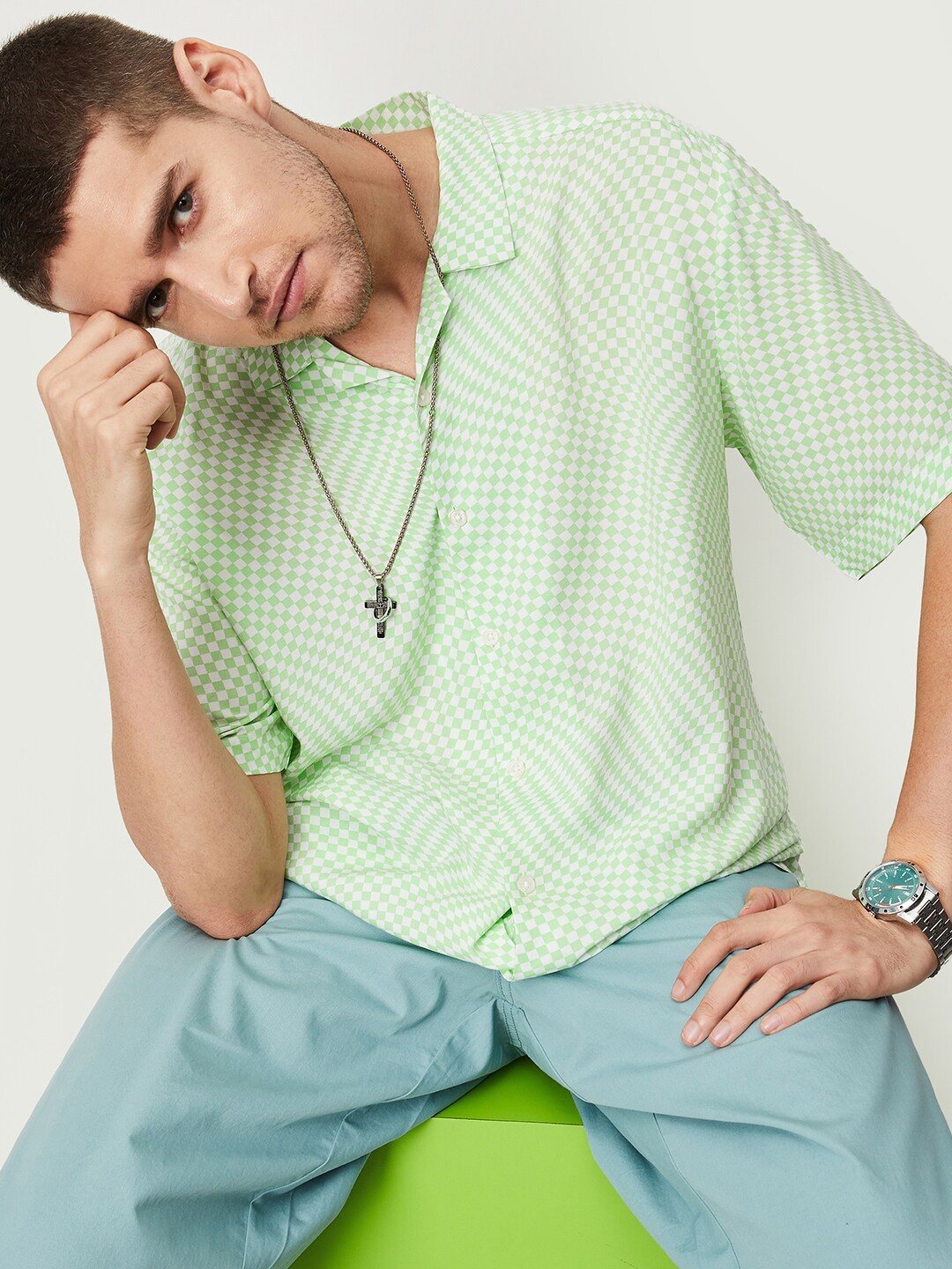 

max Checked Lapel Collar Casual Shirt, Green