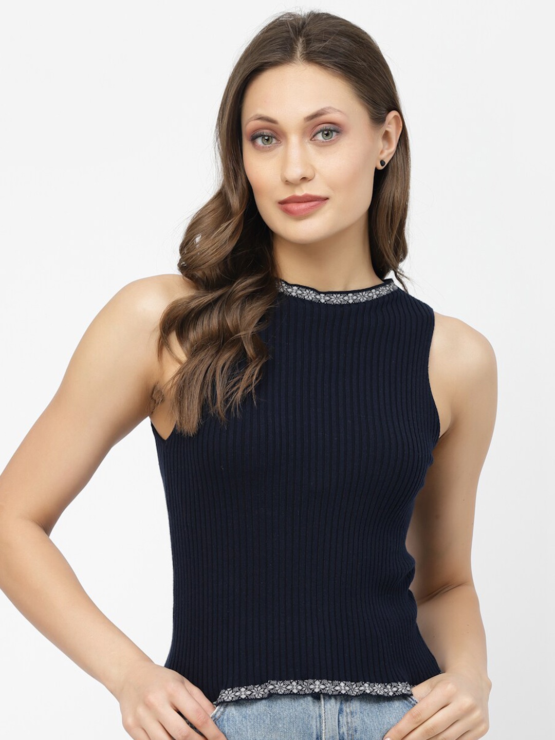 

Kalt Round Neck Sleeveless Fitted Top, Navy blue