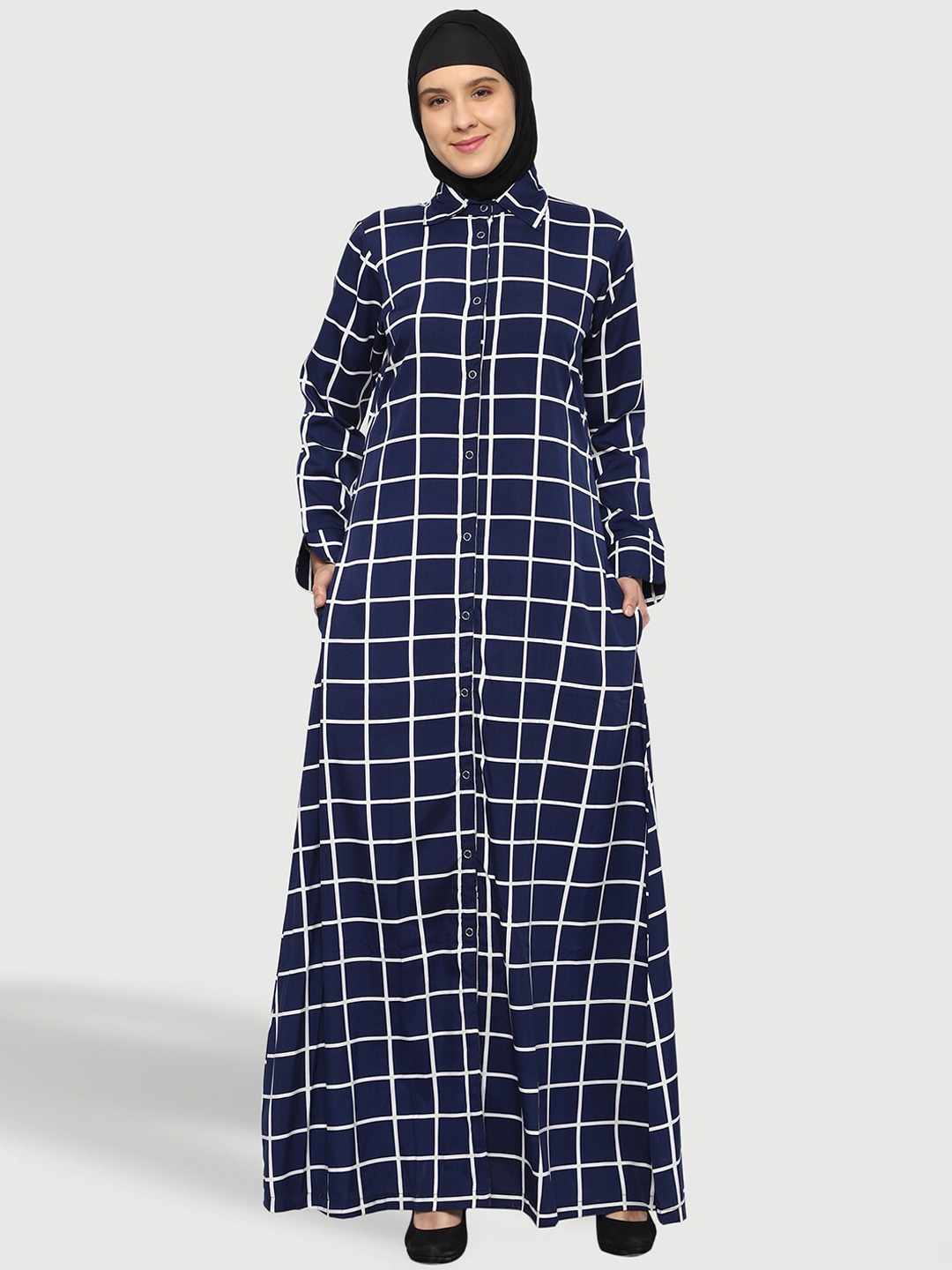 

MOMIN LIBAS Checked Shirt Collar Long Sleeves Abaya Burqas, Blue