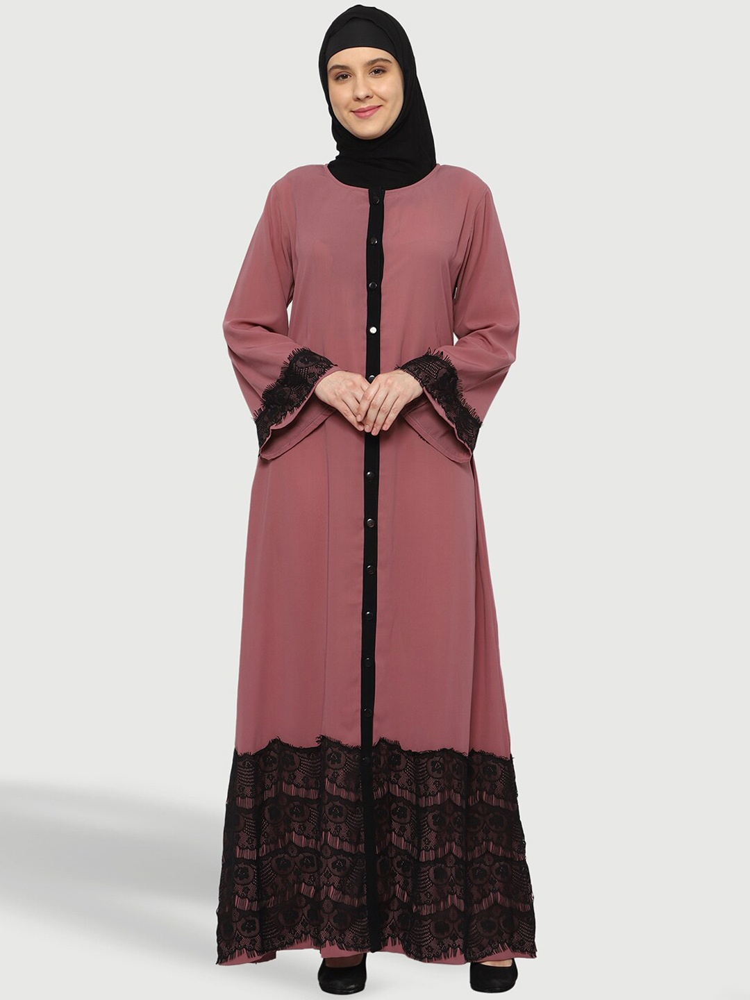 

MOMIN LIBAS Net Lace Round Neck Long Sleeves Abaya Burqa, Rose gold