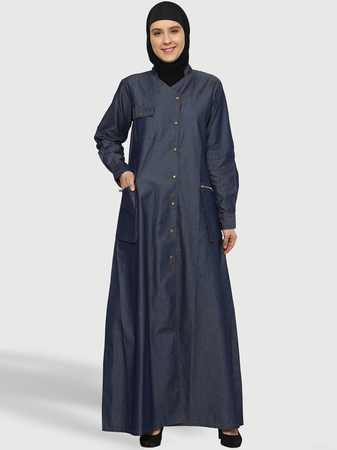 

MOMIN LIBAS Mandarin Collar Cotton Denim Abaya Burqas, Blue
