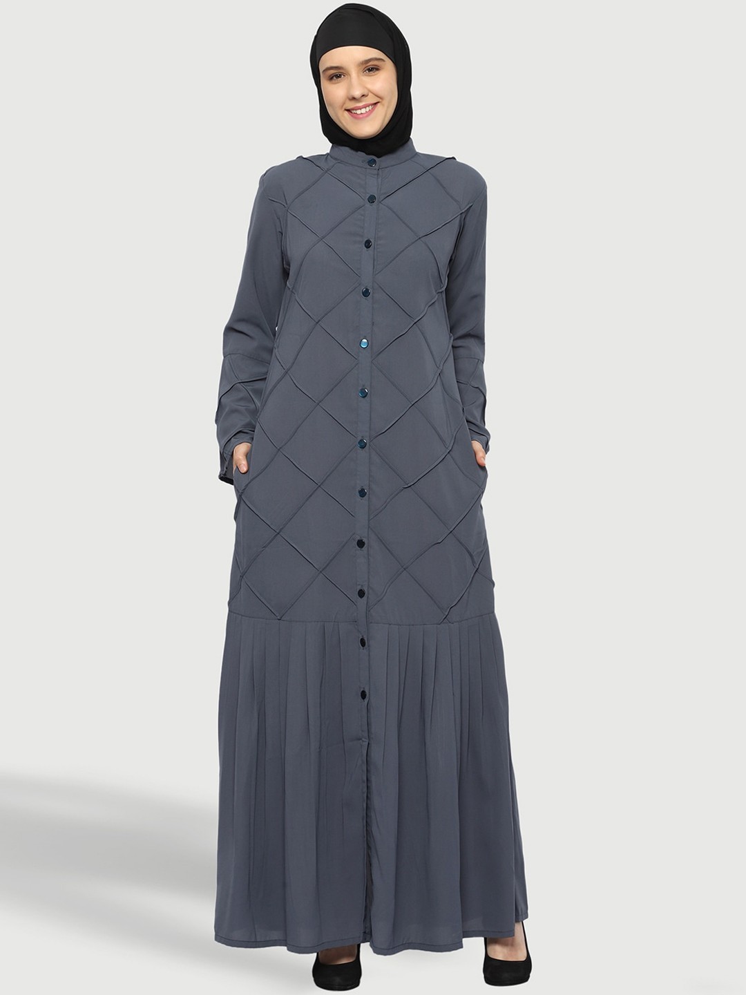 

MOMIN LIBAS Band Collar Long Sleeves Solid Abaya, Grey