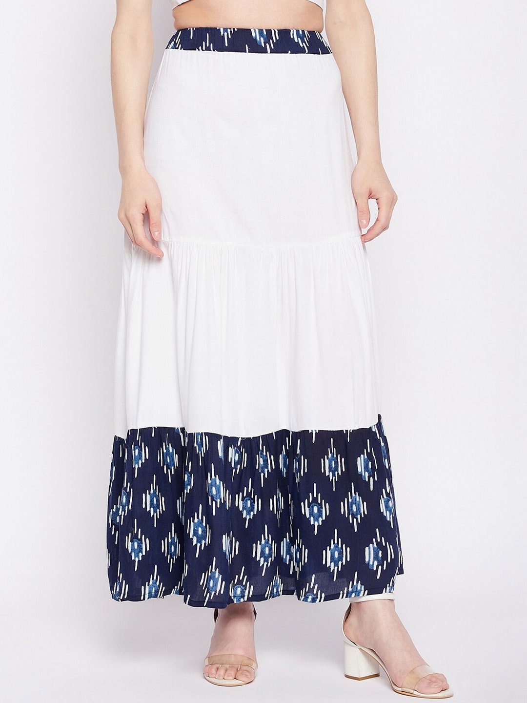 

NABIA Abstract Printed Flared Maxi Skirts, White