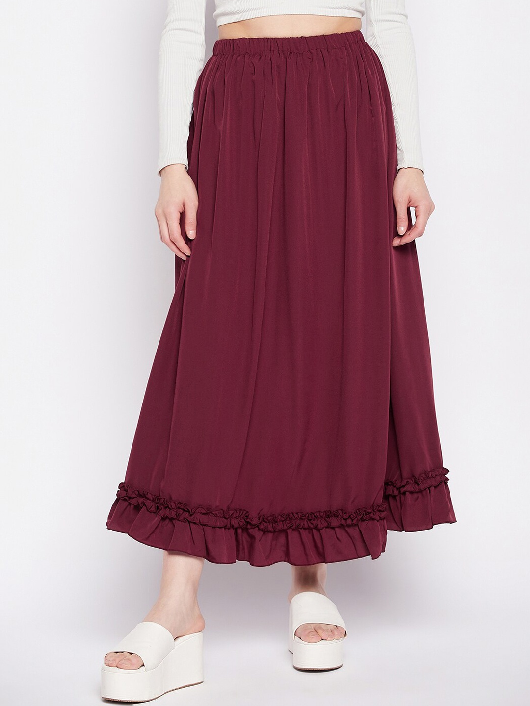 

NABIA Woven Flared Maxi Skirt, Maroon