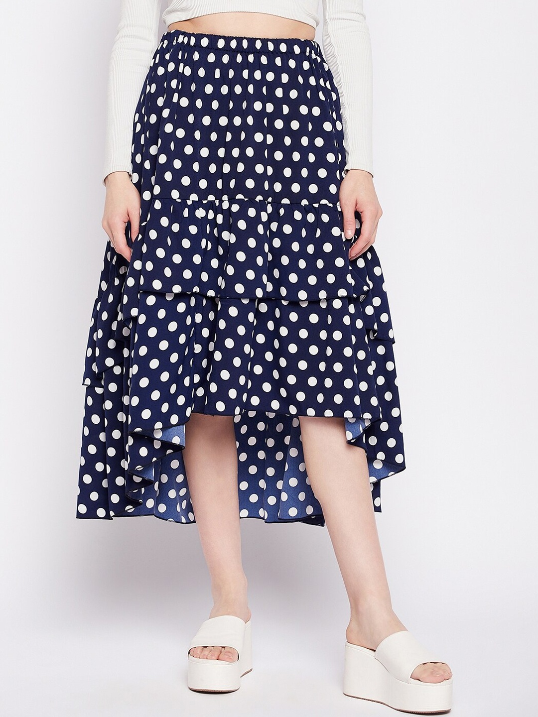 

NABIA Polka Dots Printed Midi High-Low Layered Flared Skirt, Blue