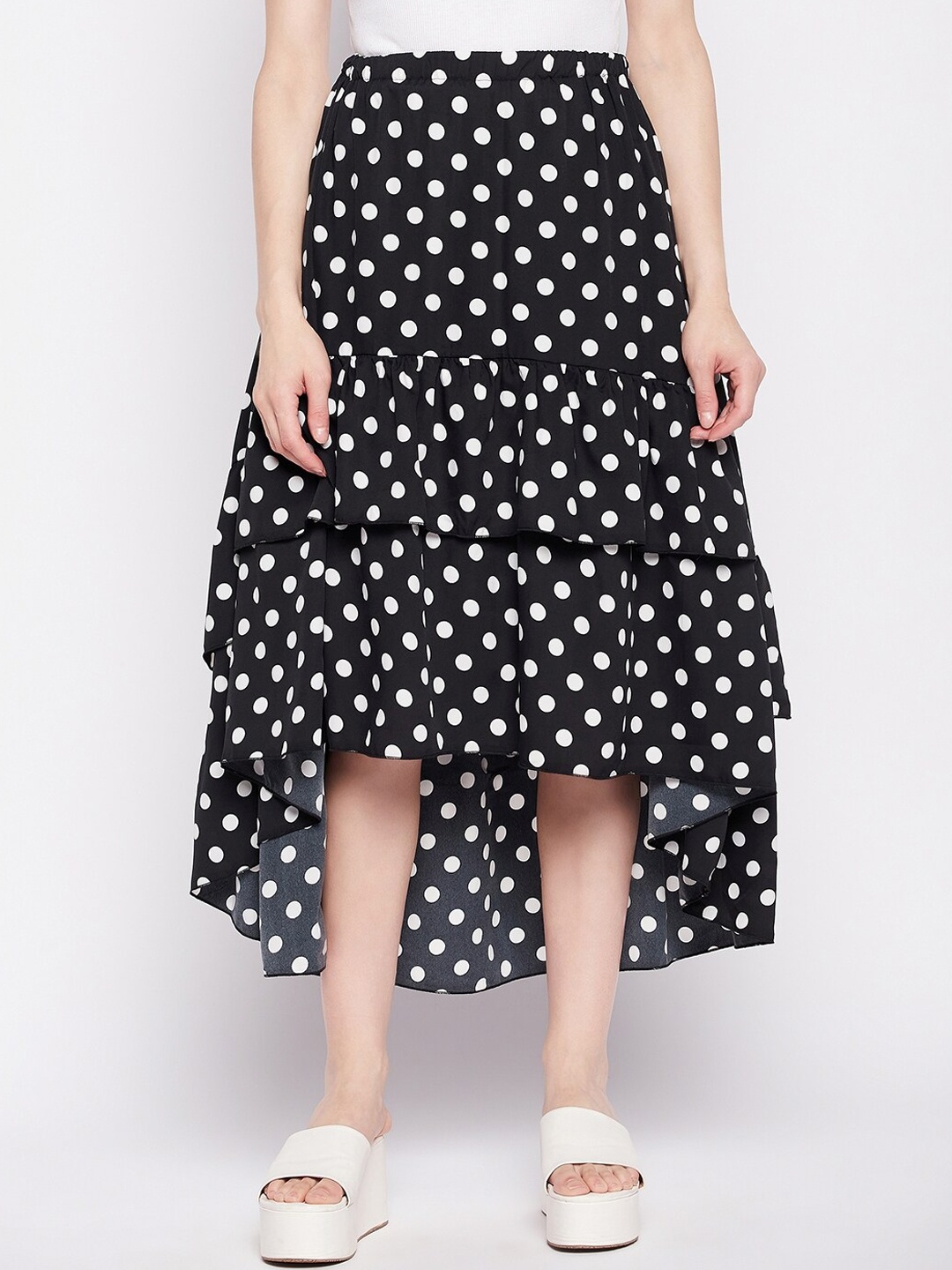 

NABIA Polka Dots Printed Midi High-Low Layered Flared Skirt, Black