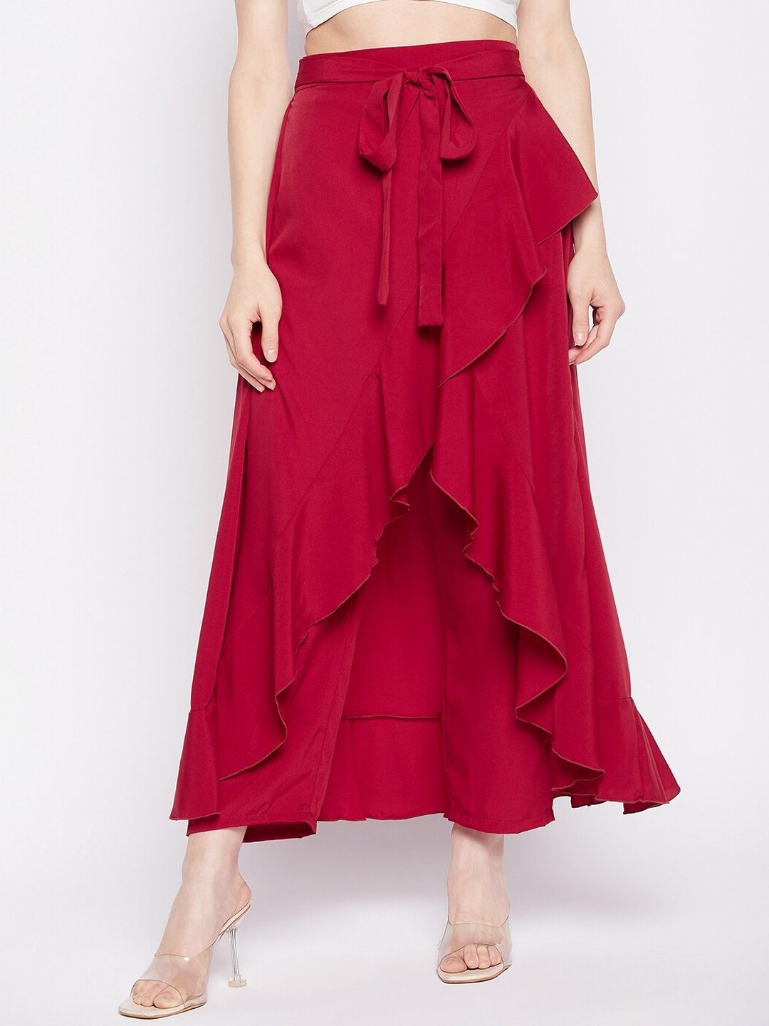 

NABIA Ruffled Flared Maxi Skirt With Attached Trousers, Red
