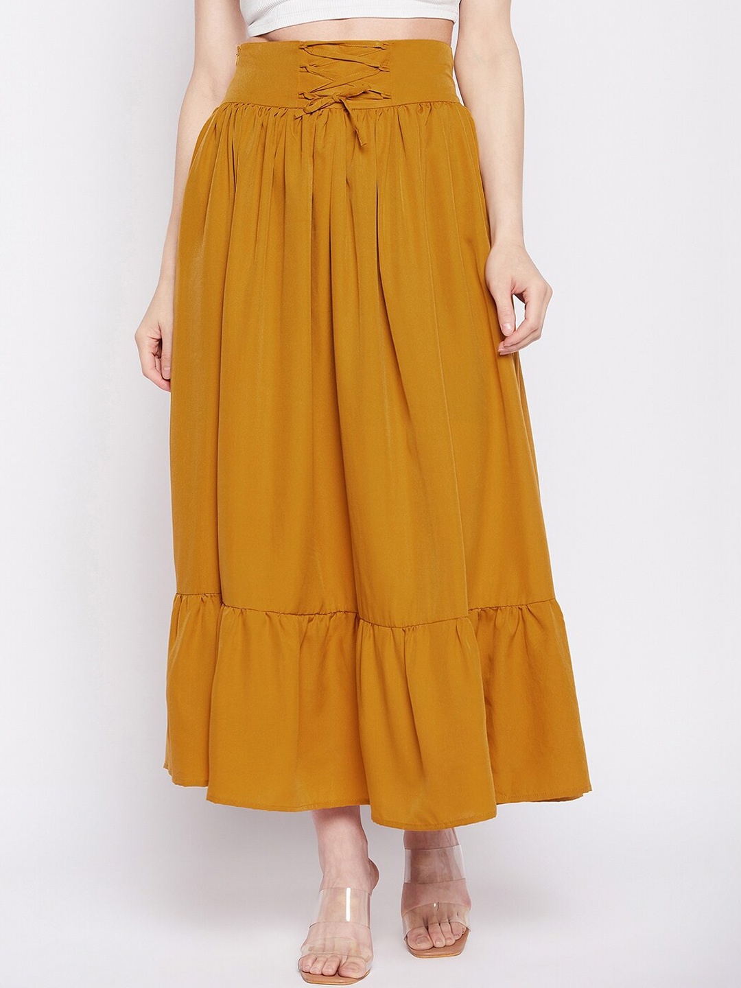 

NABIA A-Line Flared Maxi Tiered Skirt, Mustard