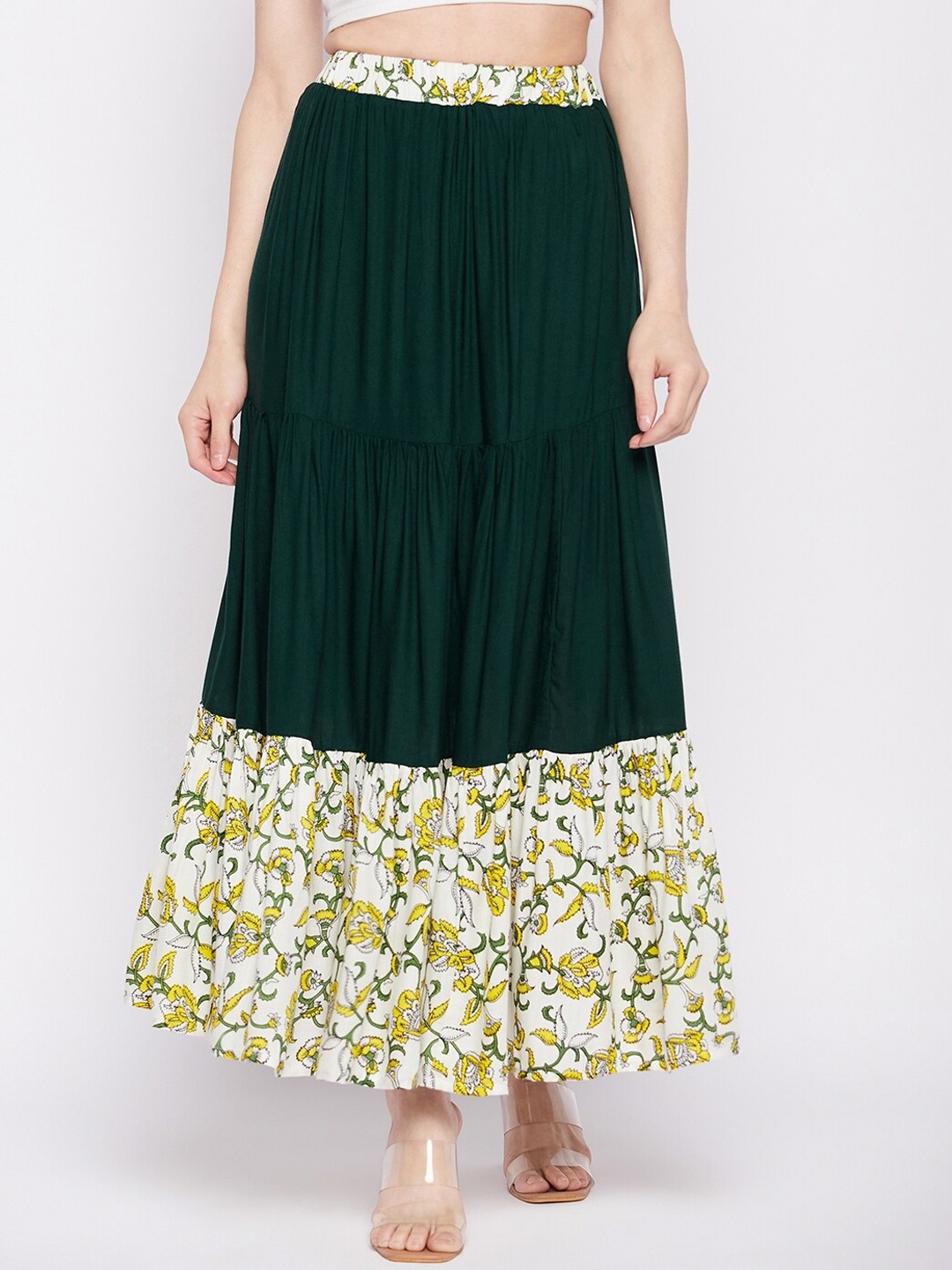 

NABIA Floral Printed Flared Maxi Slip-On Skirt, Green