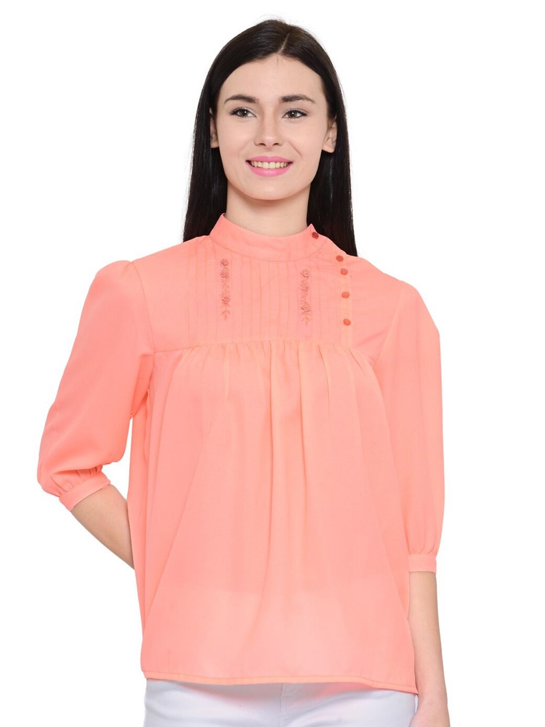 

Zastraa Pink High Neck Crepe Top