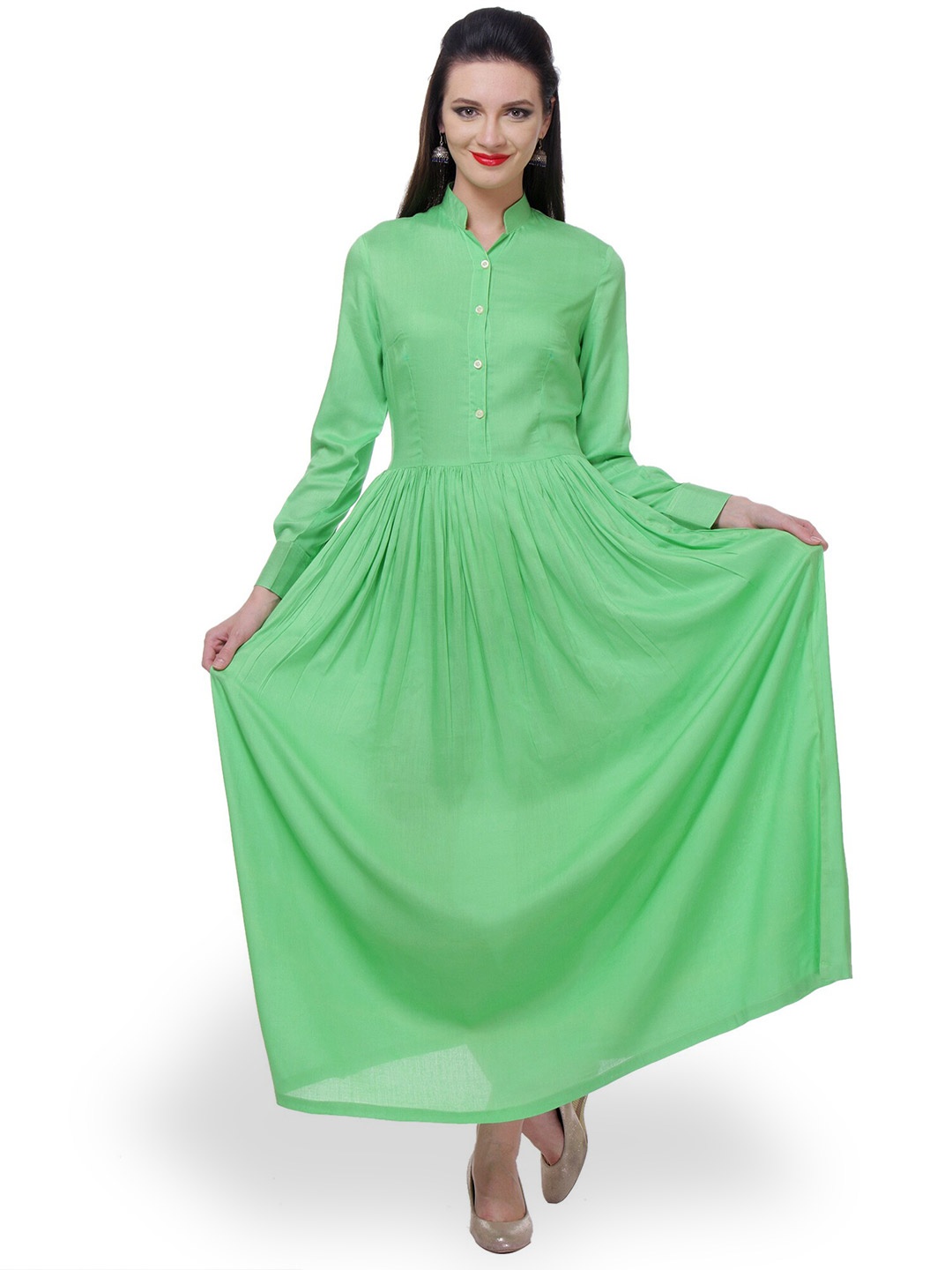 

Zastraa Mandarin Collar Gathered Fit & Flare Dress, Green